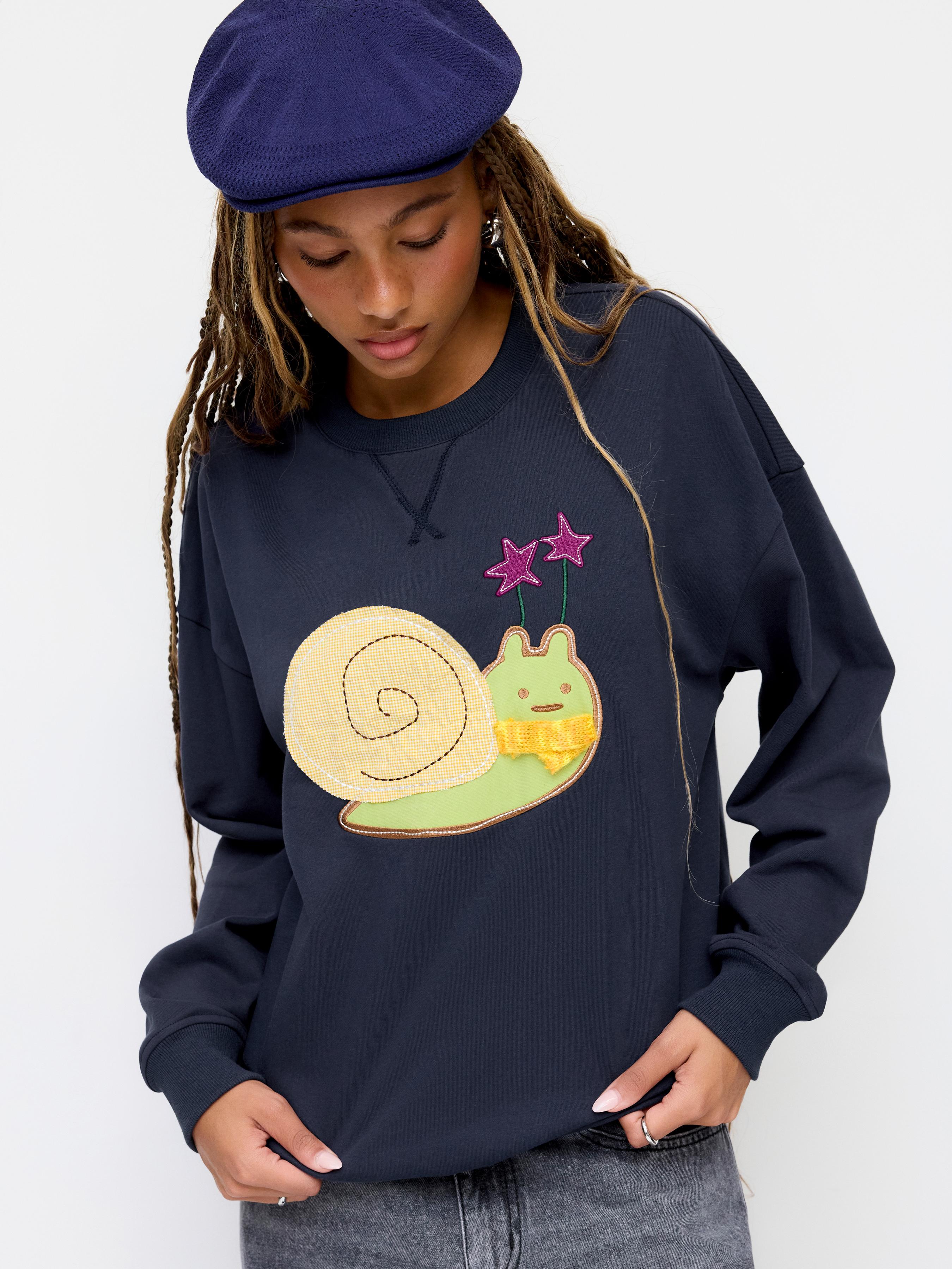 Terry Round Neckline Snail Applique Oversized Sweatshirt by CIDER
