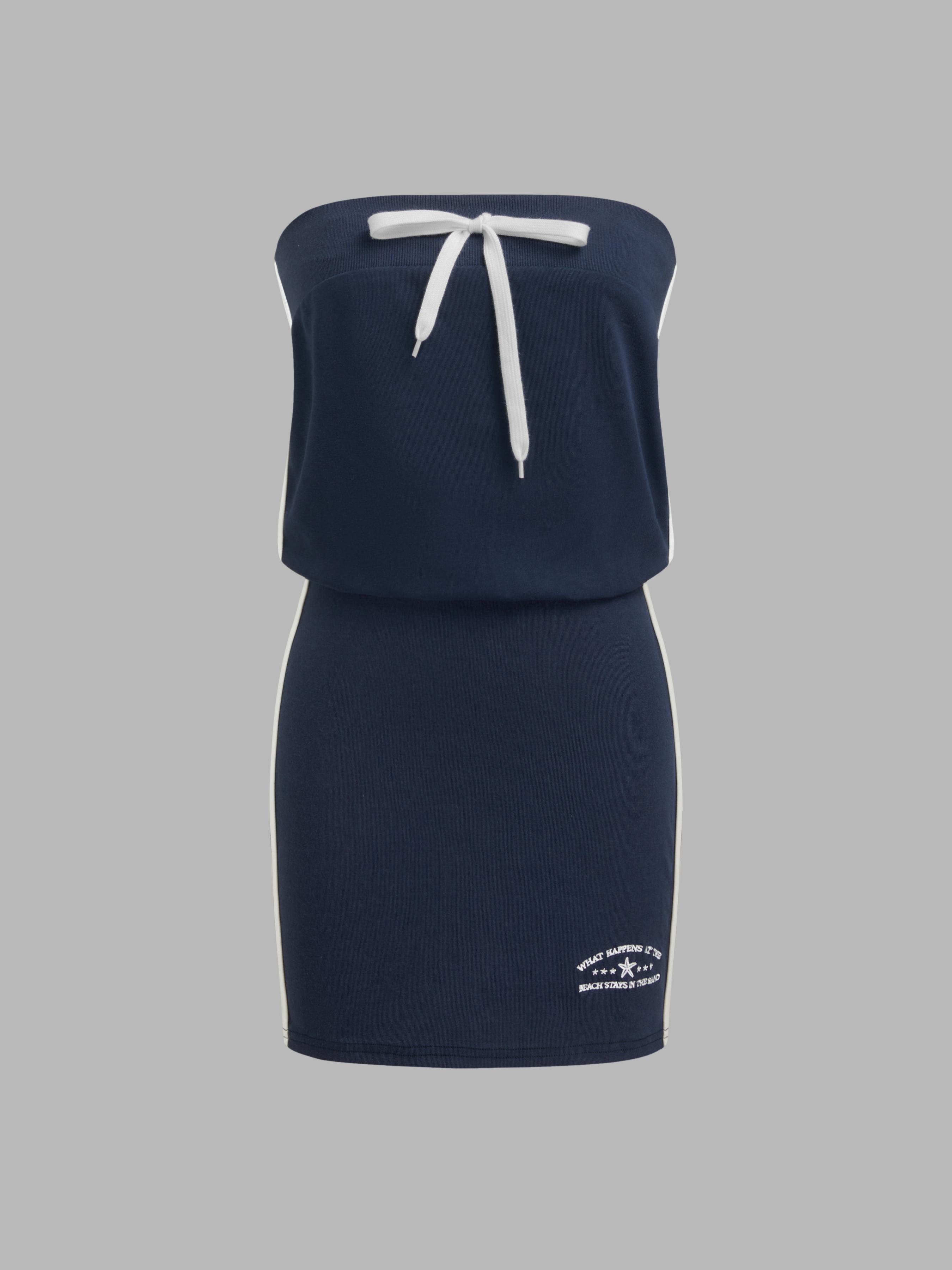 Terry Side Stripe Bowknot Embroidery Bandeau Mini Dress by CIDER