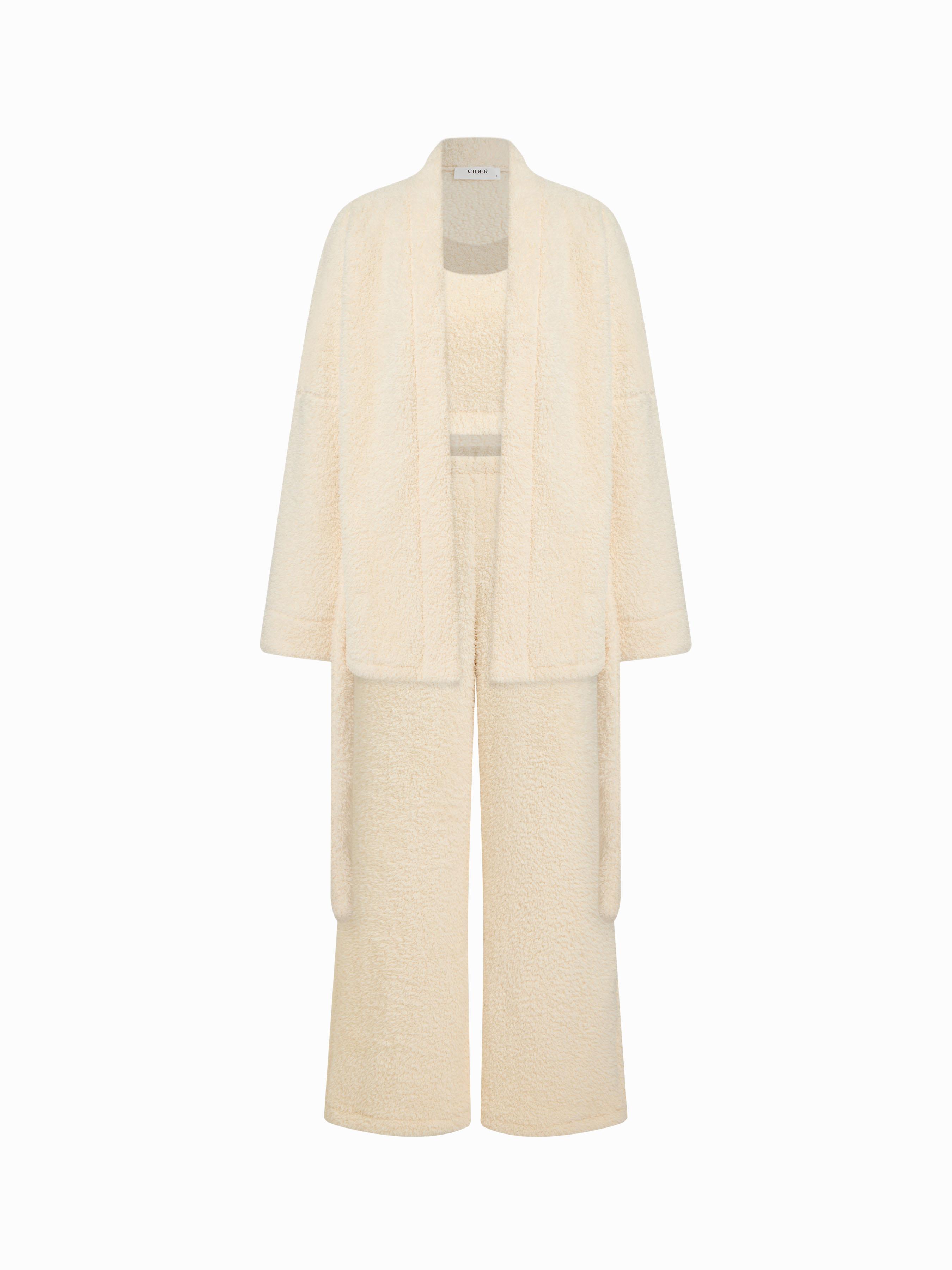 Terry Tie Front Robe & U-neckline Tank Top & Mid Rise Wide Leg Trousers Loungewear Set by CIDER