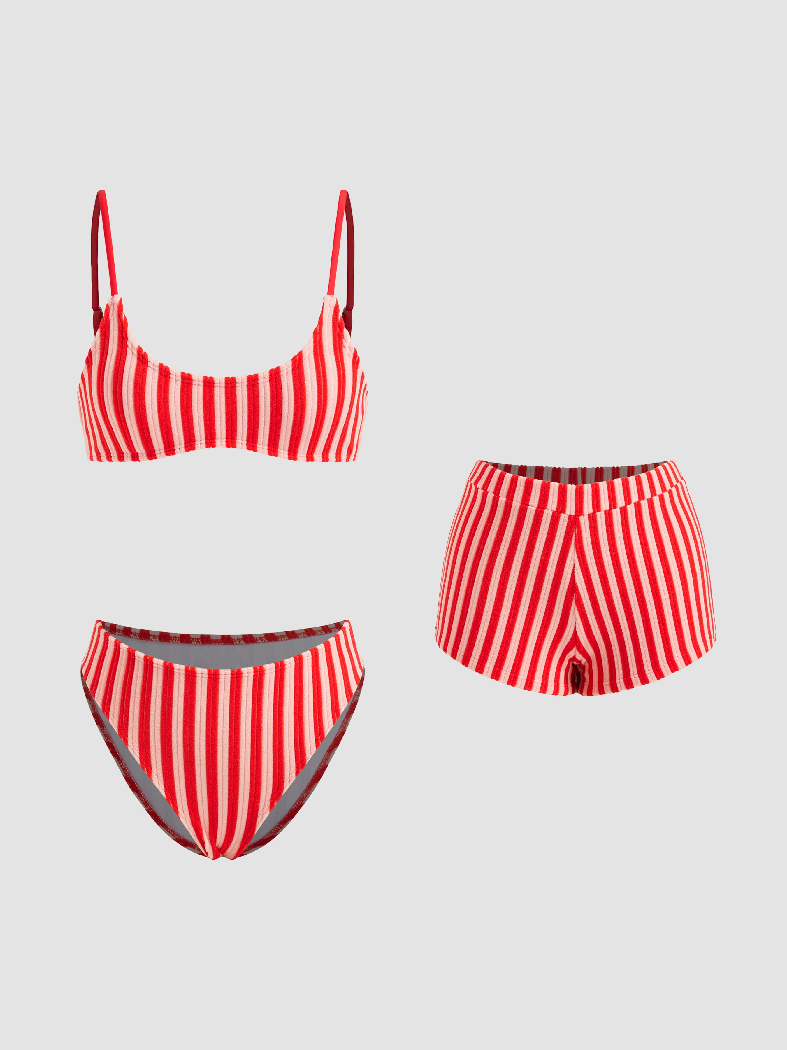 Terry U-neckline Stripe Bracelet Bikini Set & Cover Up Shorts by CIDER