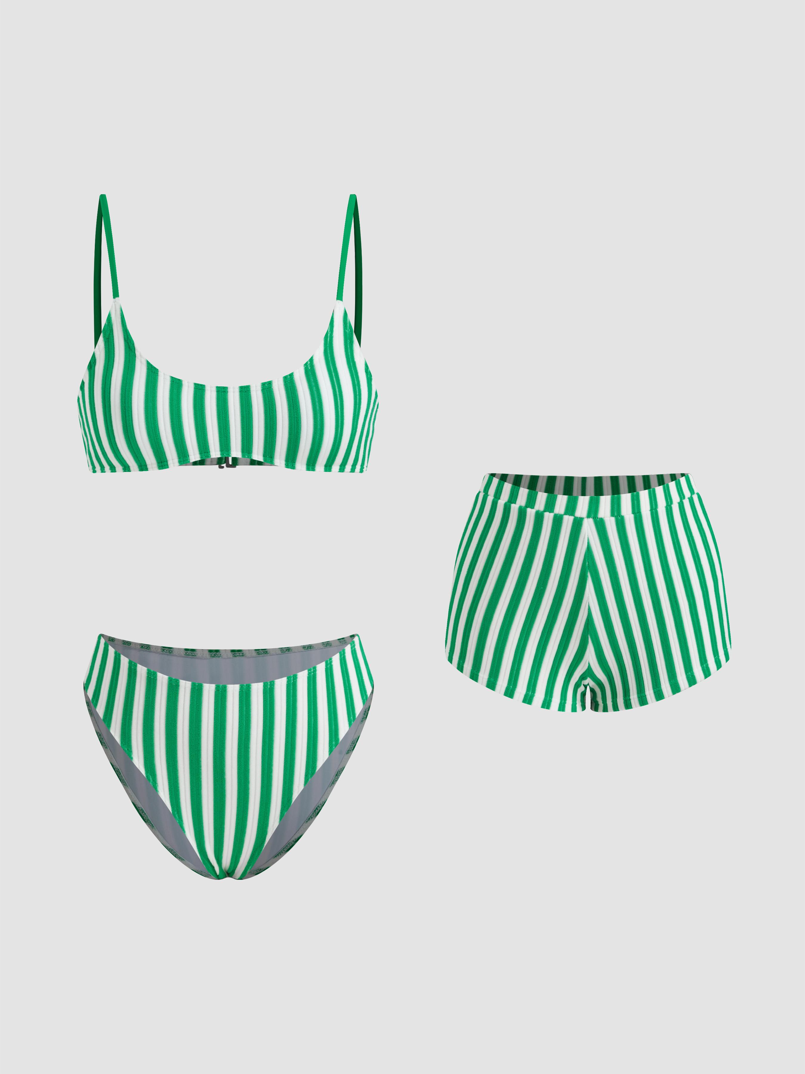 Terry U-neckline Stripe Bracelet Bikini Set & Cover Up Shorts by CIDER