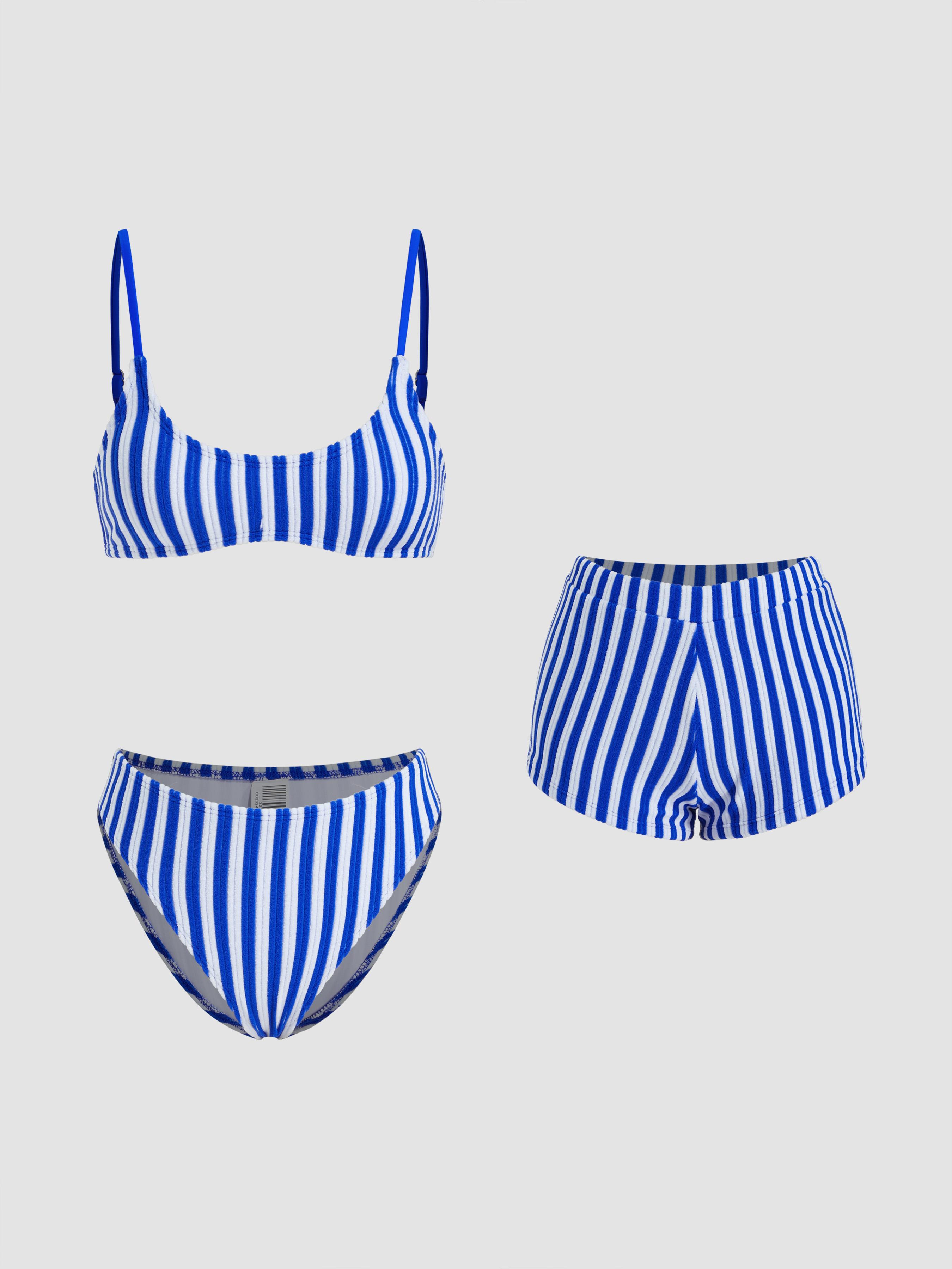 Terry U-neckline Stripe Bracelet Bikini Set & Cover Up Shorts by CIDER