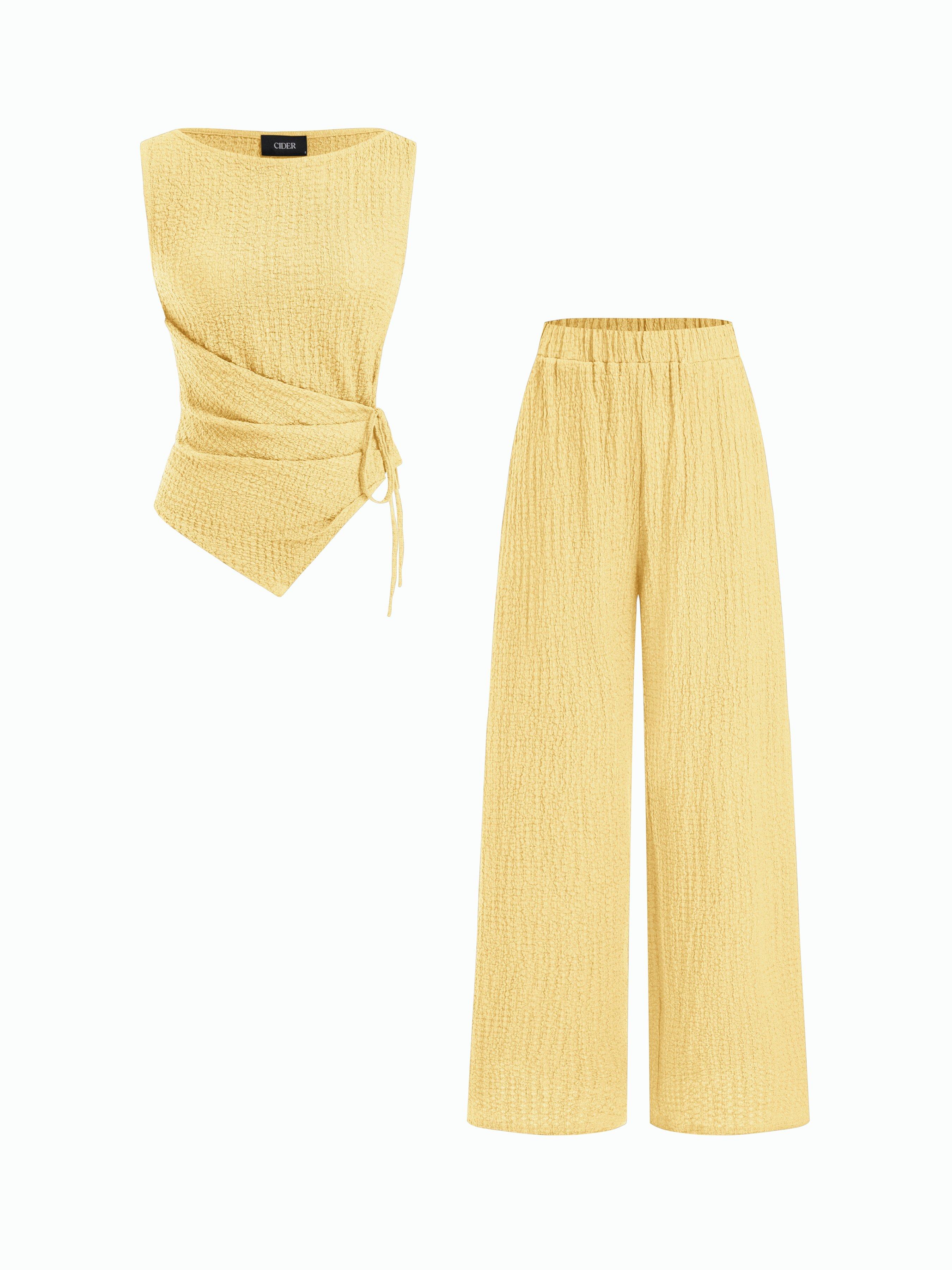 Texture Boat Neck Asymmetrical Hem Top & Mid Rise Straight Leg Trousers Set by CIDER