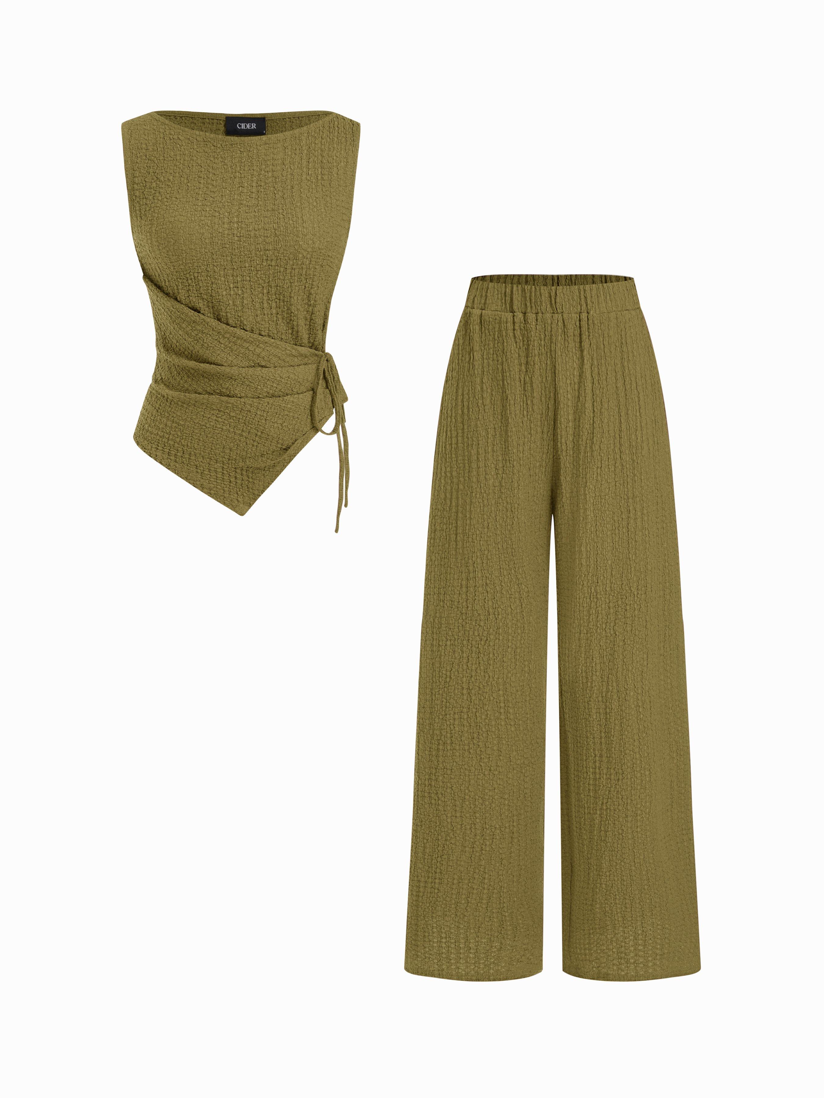 Texture Boat Neck Asymmetrical Hem Top & Mid Rise Straight Leg Trousers Set by CIDER