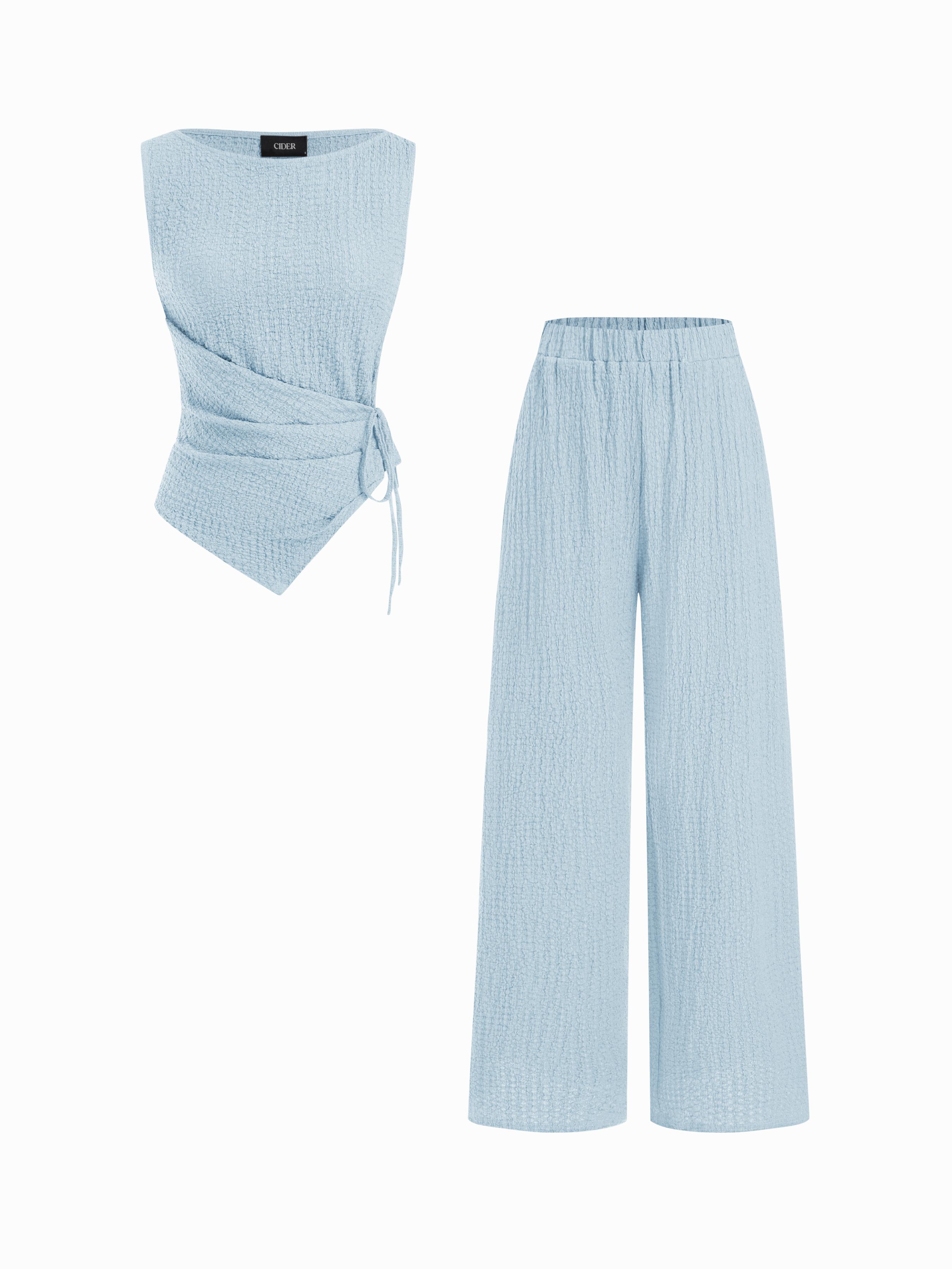 Texture Boat Neck Asymmetrical Hem Top & Mid Rise Straight Leg Trousers Set by CIDER