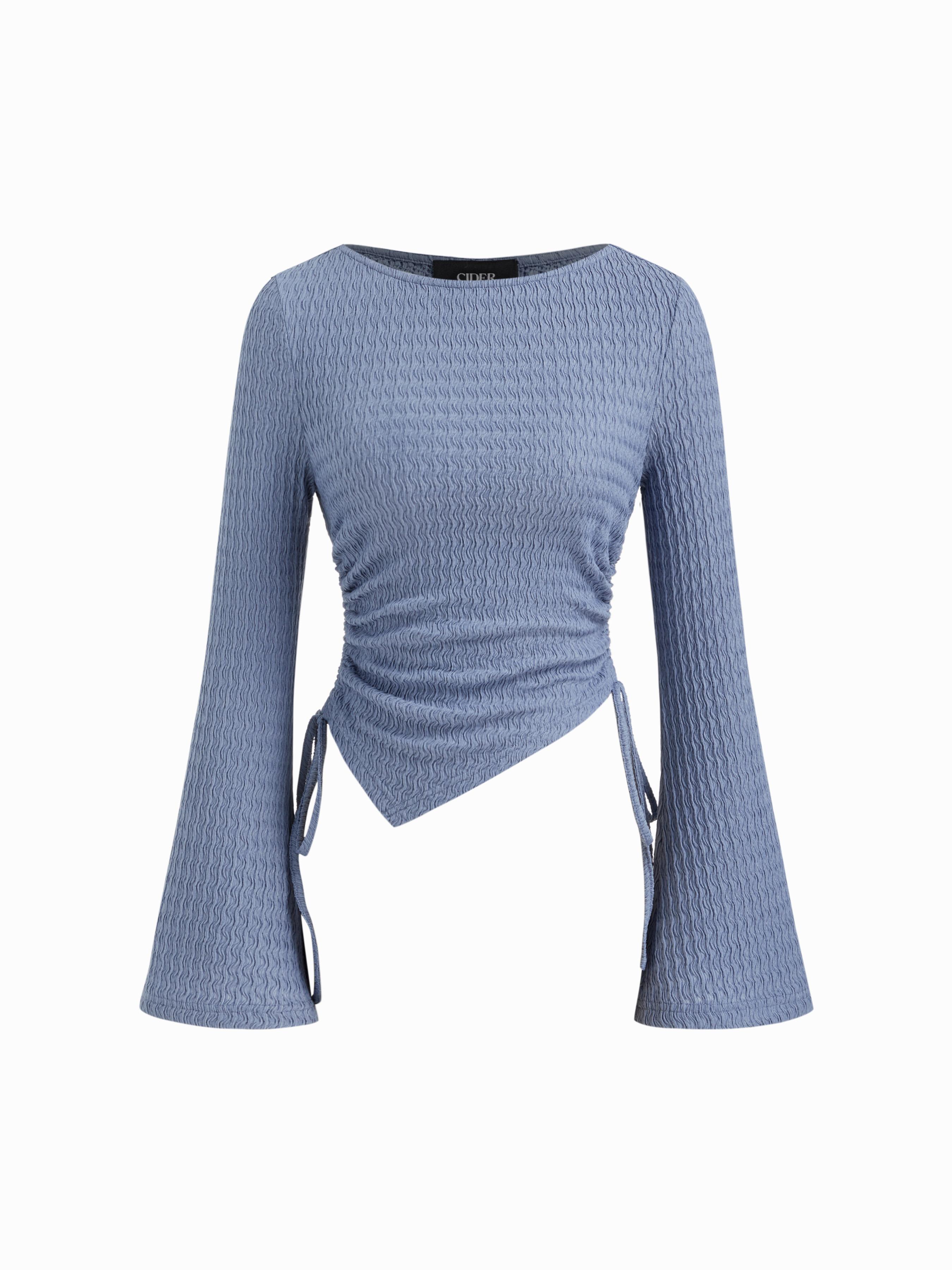 Texture Boat Neck Bell Sleeve Drawstring Ruched Asymmetrical Hem Top by CIDER