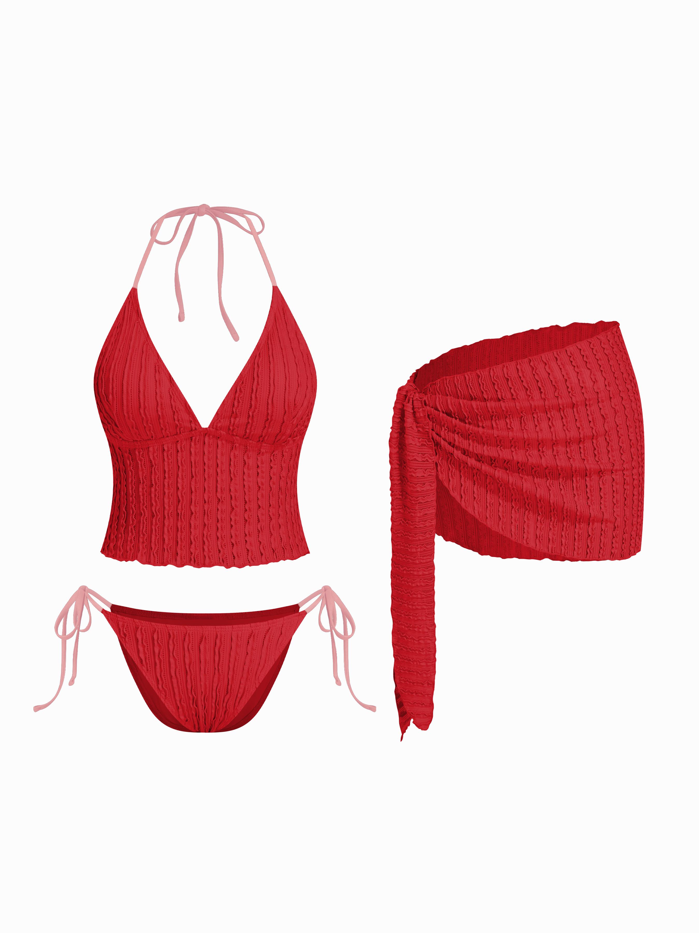 Texture Halter Neckline Lettuce Trim Knotted Tankini Tie Side Bikini Set With Sarong by CIDER