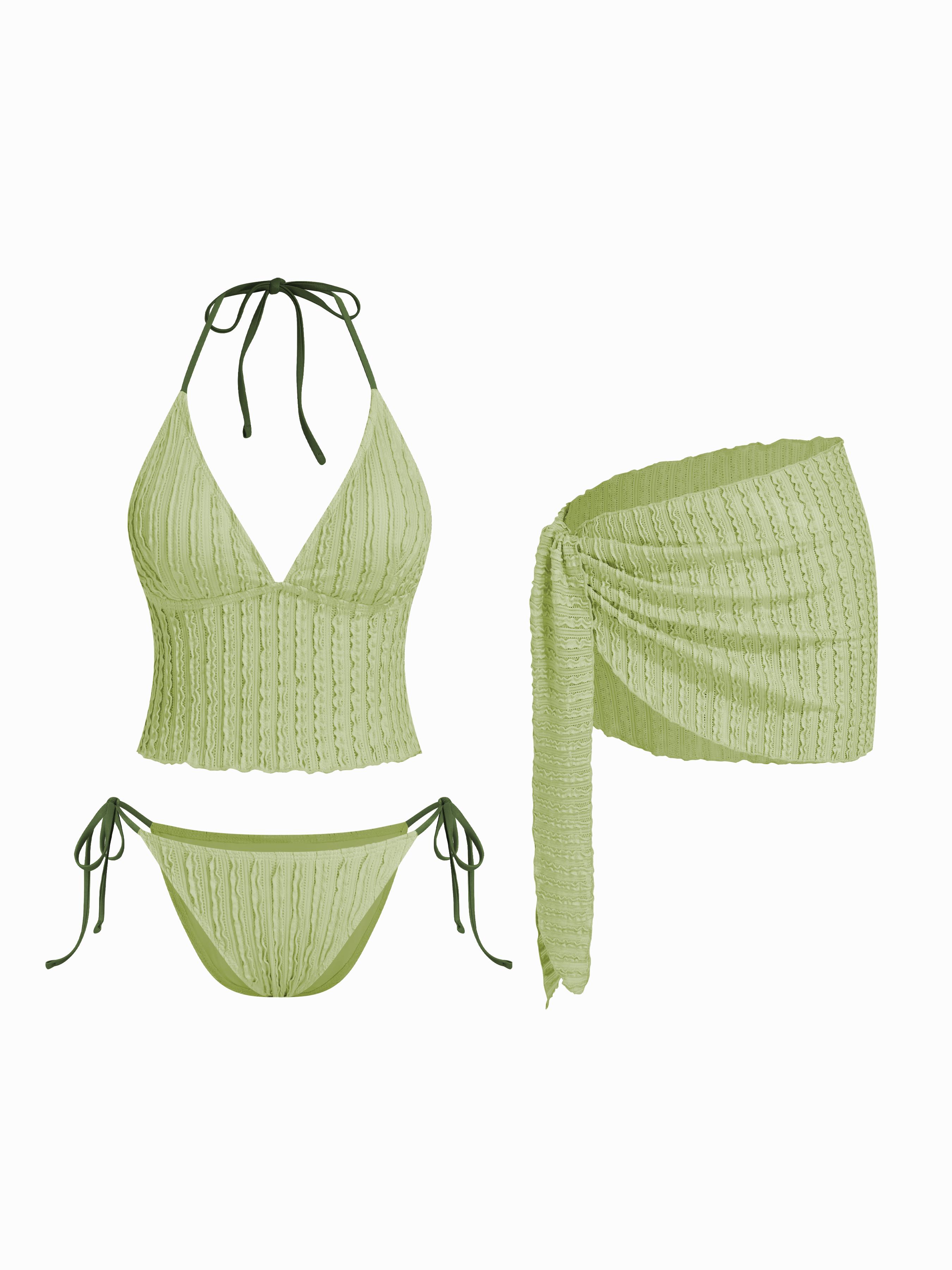 Texture Halter Neckline Lettuce Trim Knotted Tankini Tie Side Bikini Set With Sarong by CIDER