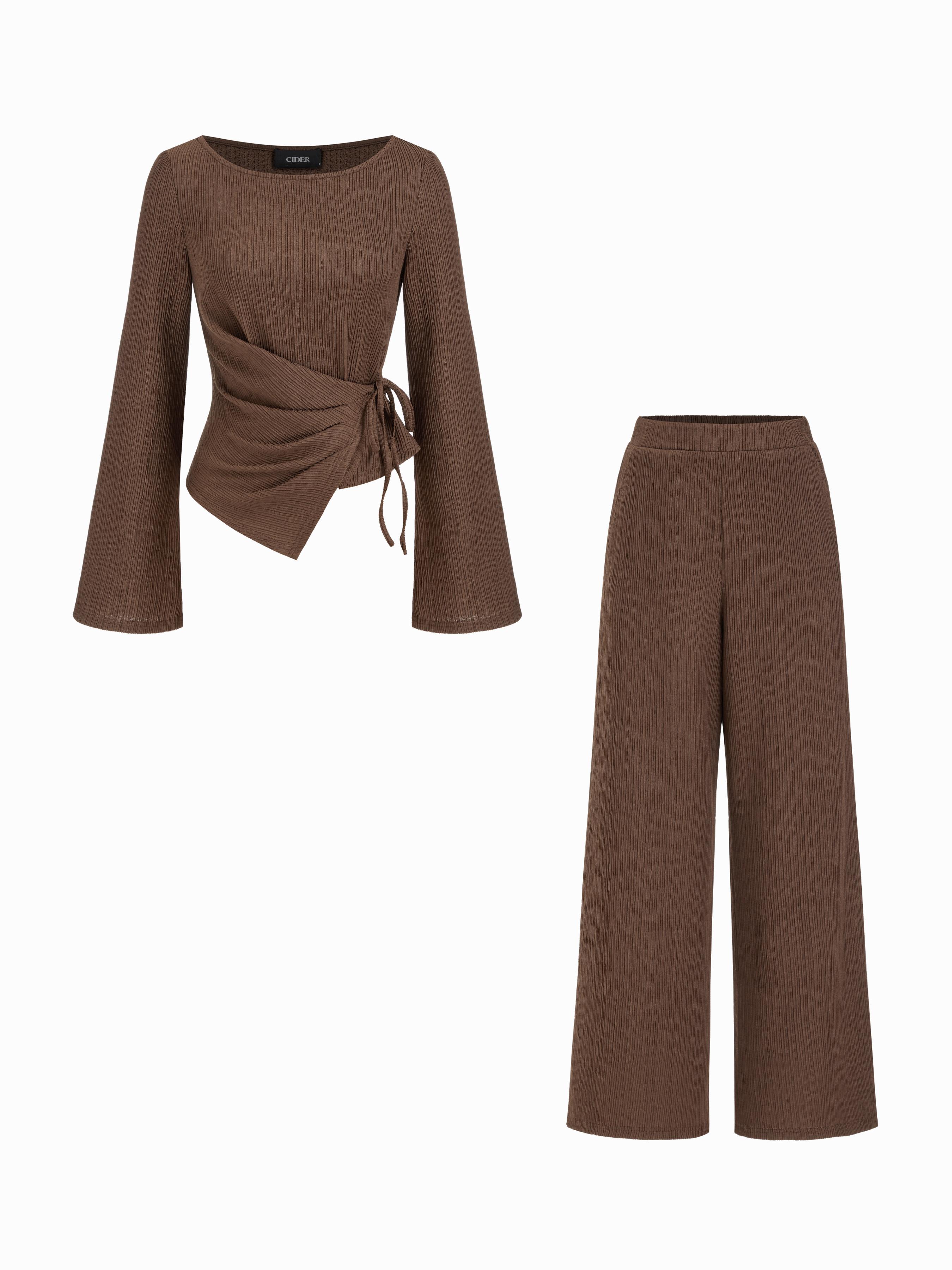 Texture Round Neckline Asymmetrical Hem Top & Mid Rise Elastic Waist Wide Leg Trousers Set by CIDER