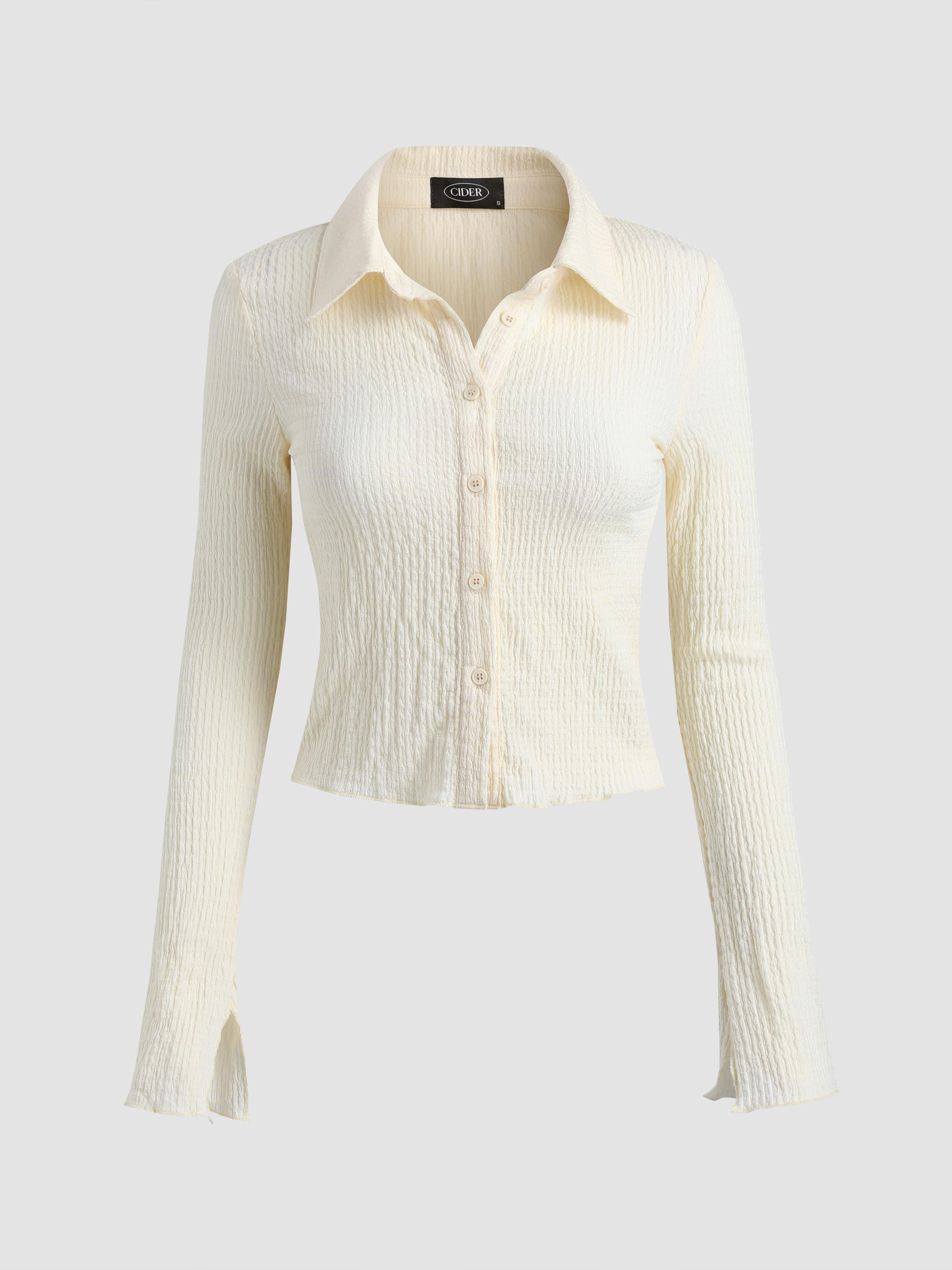 Texture Solid Bell Sleeve Crop Shirt by CIDER