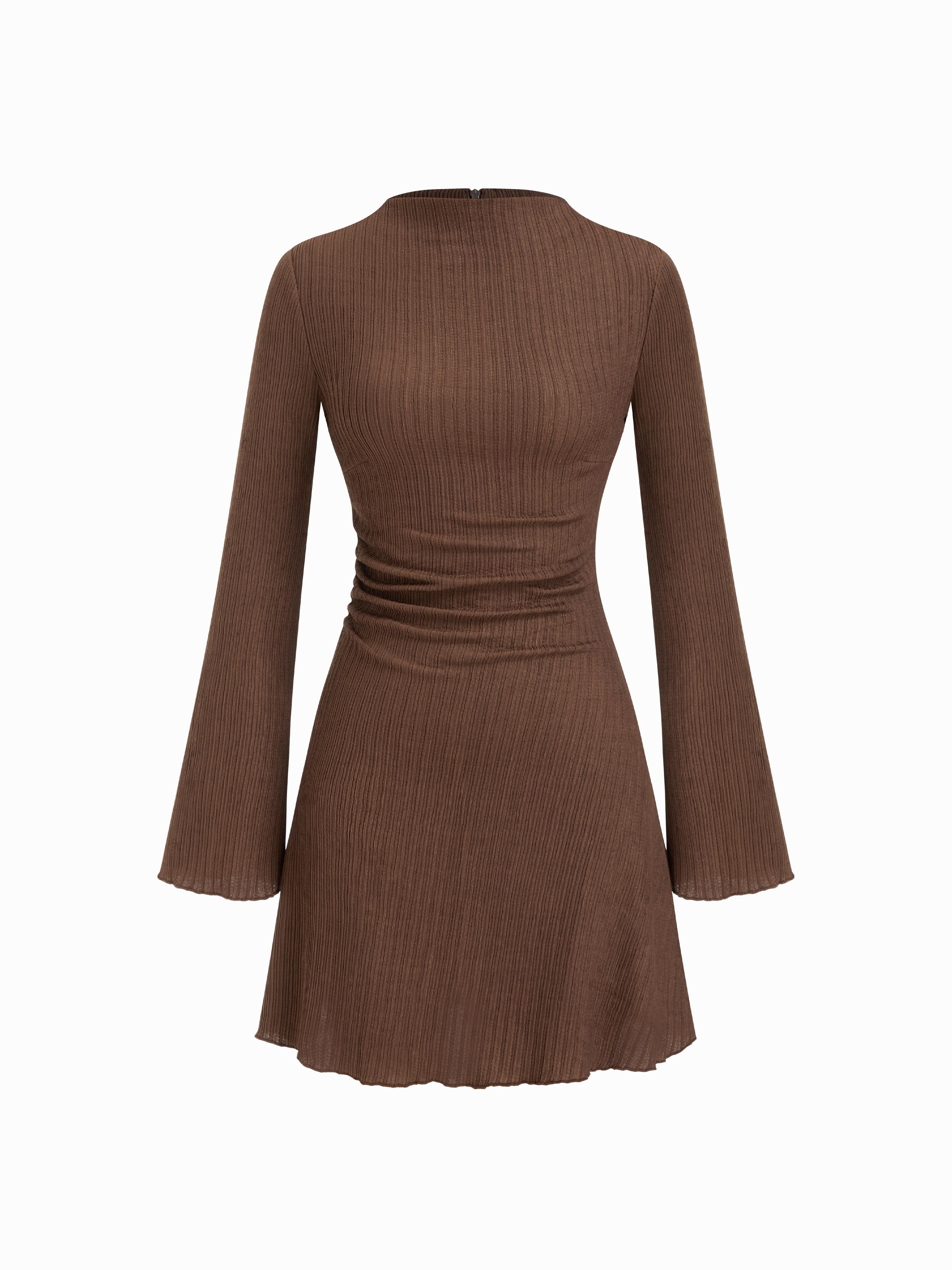 Texture Stand Collar Ruched Bell Sleeve Mini Dress by CIDER