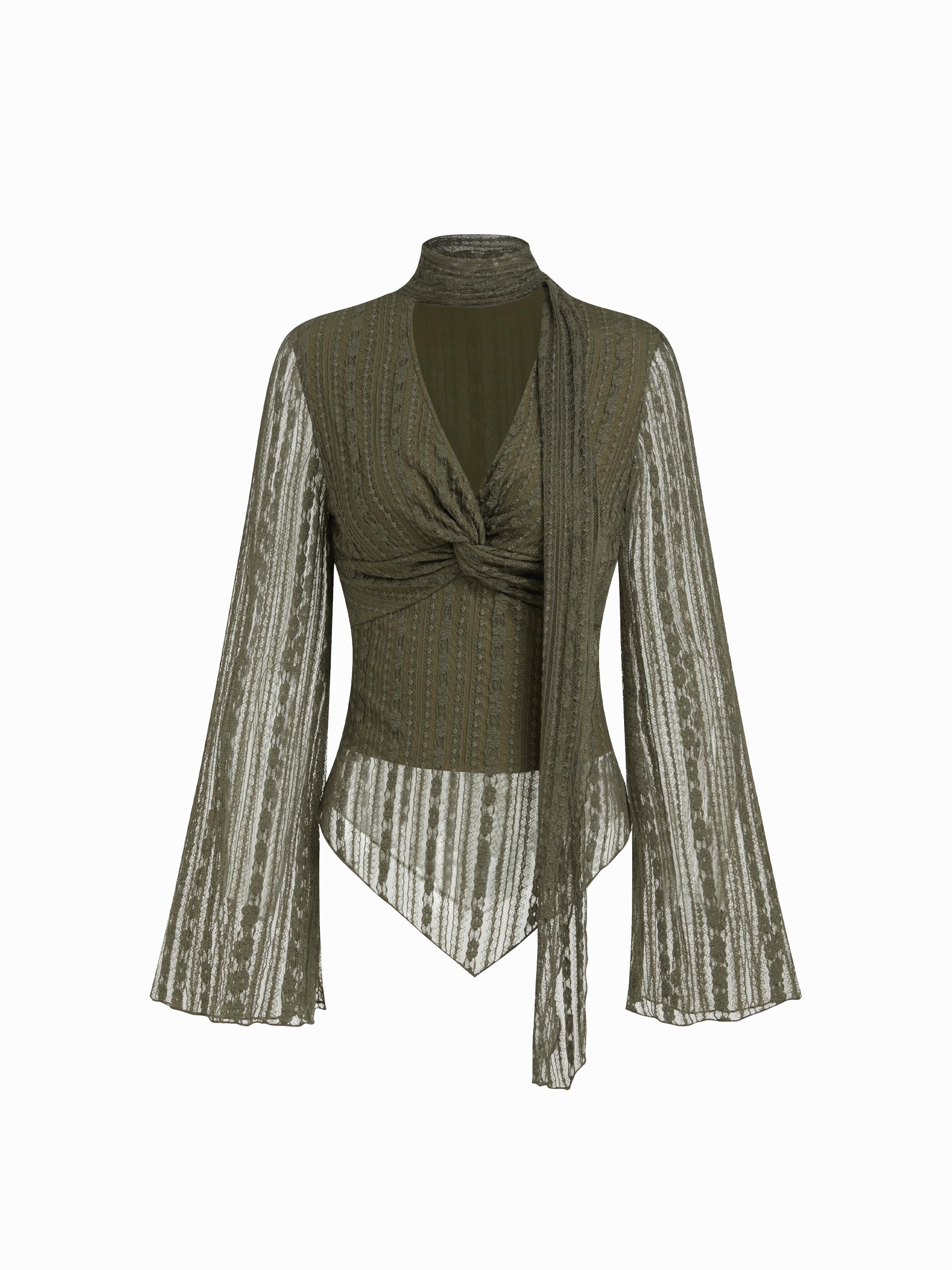 Texture V-neck Flare Sleeve Twist See-through Top With Scarf by CIDER