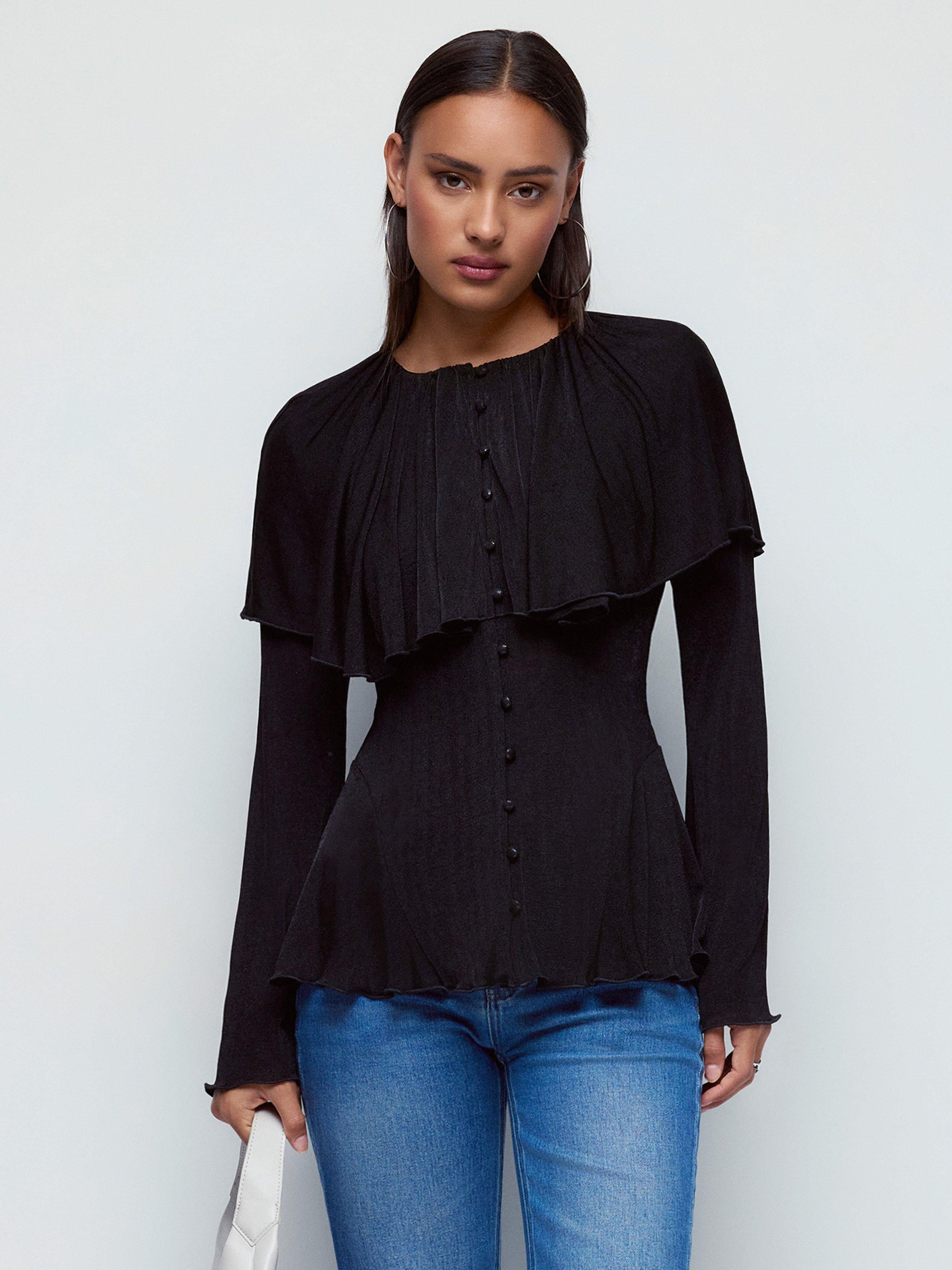Textured Bell Sleeve Pleated Button Through Ruffle Hem Crop Top by CIDER