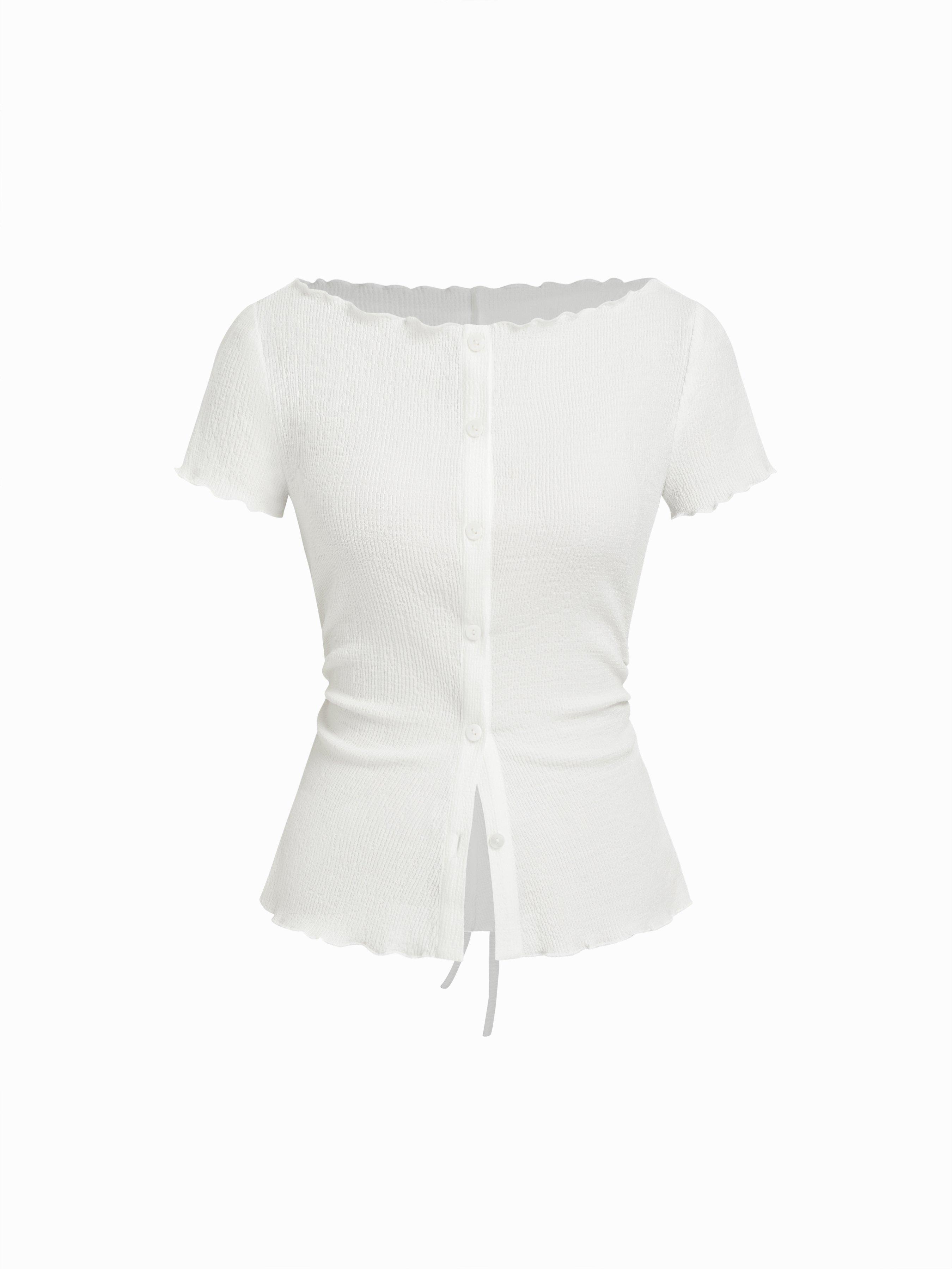 Textured Boat Neck Button Up Lettuce Trim Short Sleeve Top by CIDER