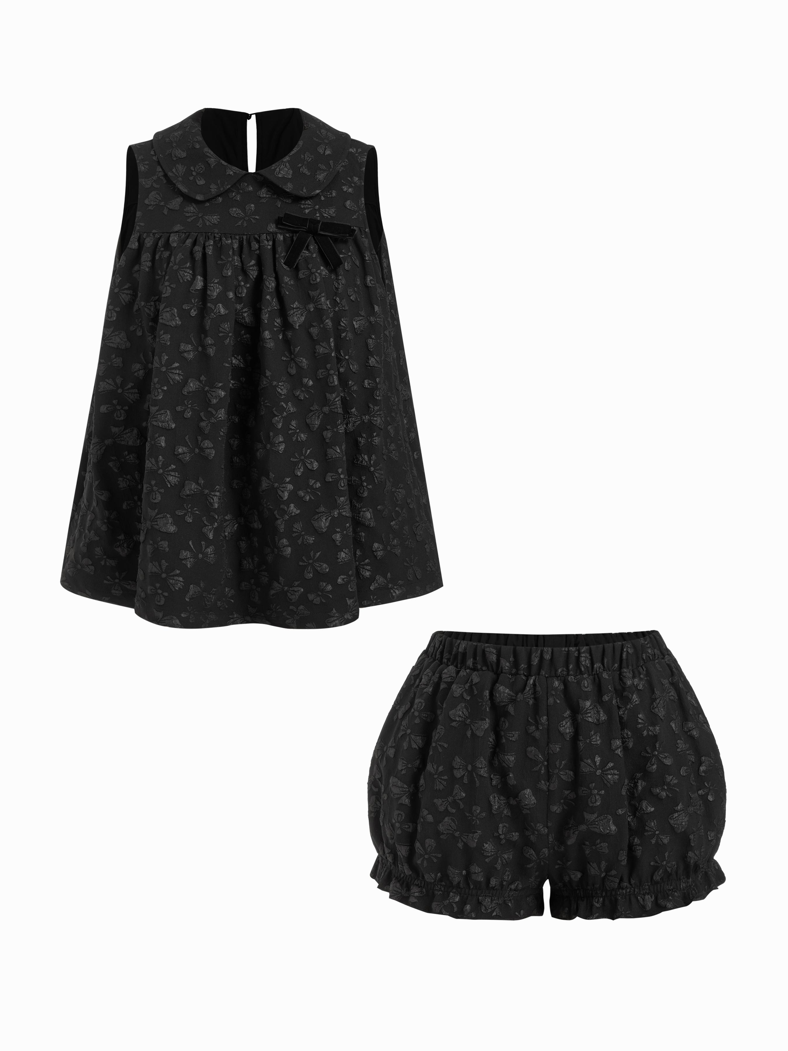 Textured Bowknot Peter Pan Collar Top & Mid Rise Bloomers Set by CIDER