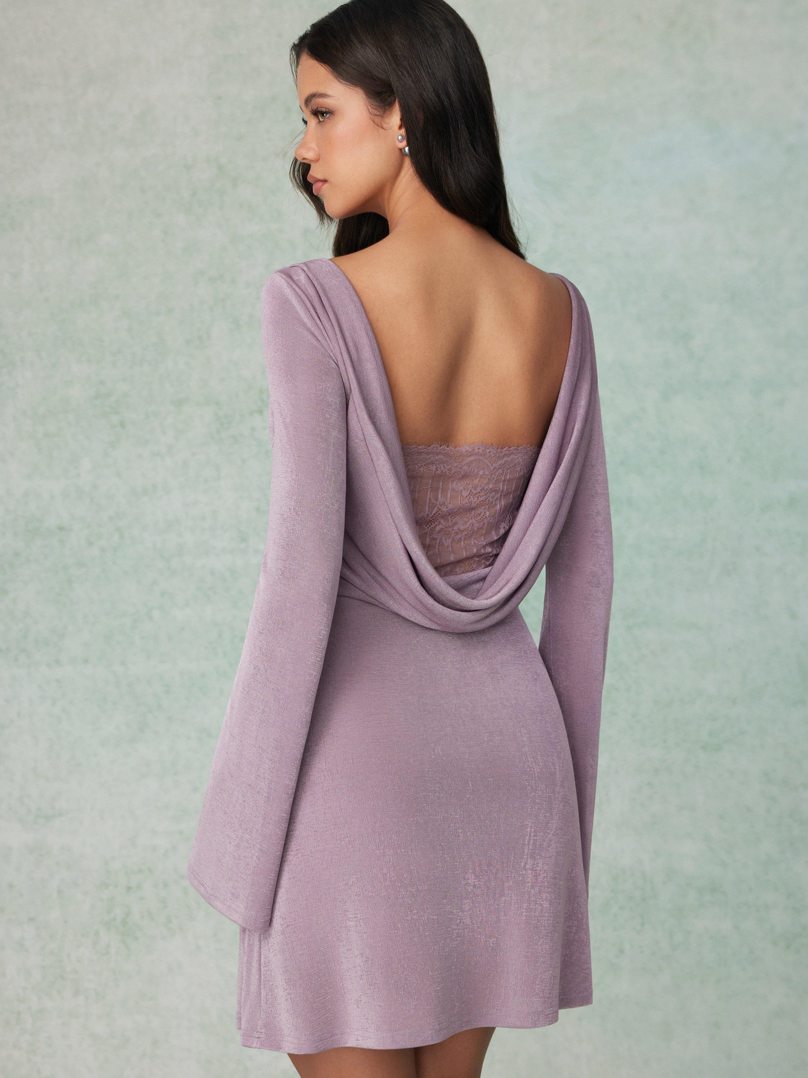 Textured Cowl Neck Backless Lace Panel Slim Mini Dress by CIDER