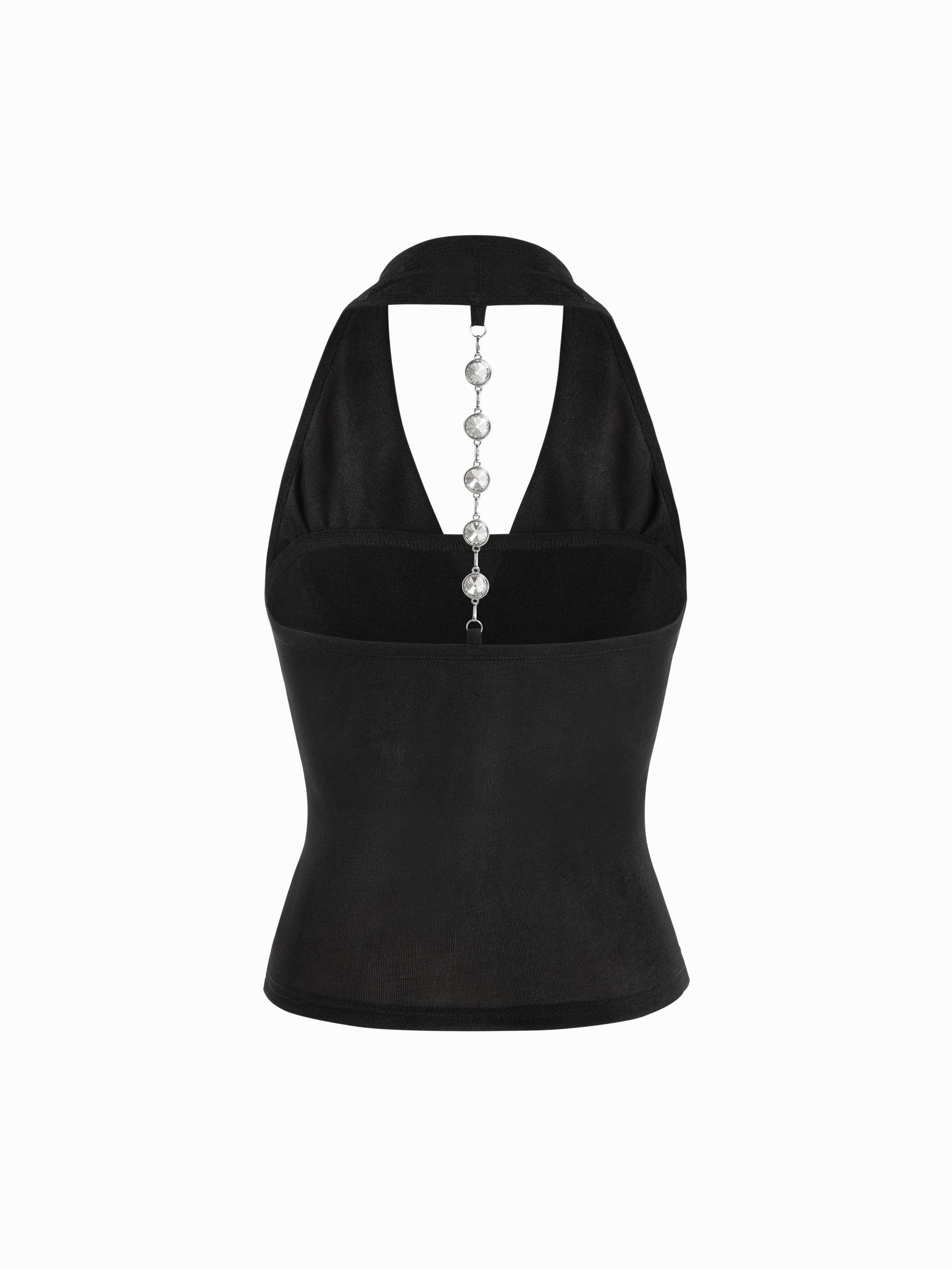 Textured Cowl Neck Ruched Backless Chain Detail Tank Top by CIDER