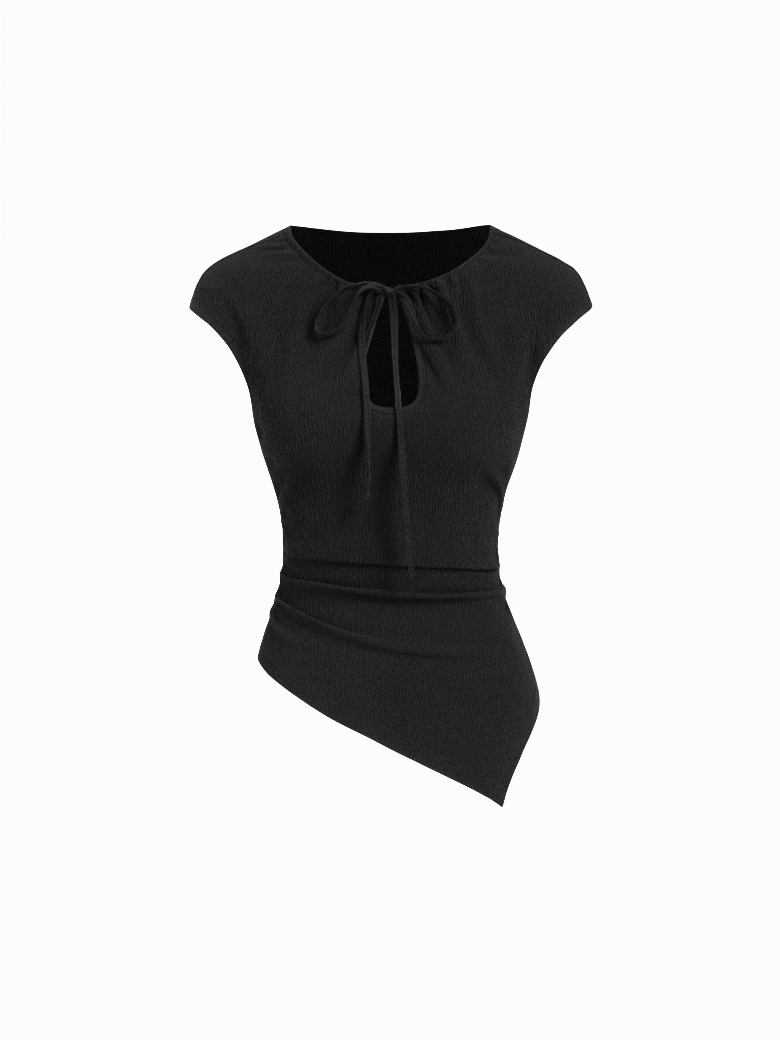 Textured Cut Out Drawstring Ruched Asymmetrical Hem Short Sleeve Top by CIDER