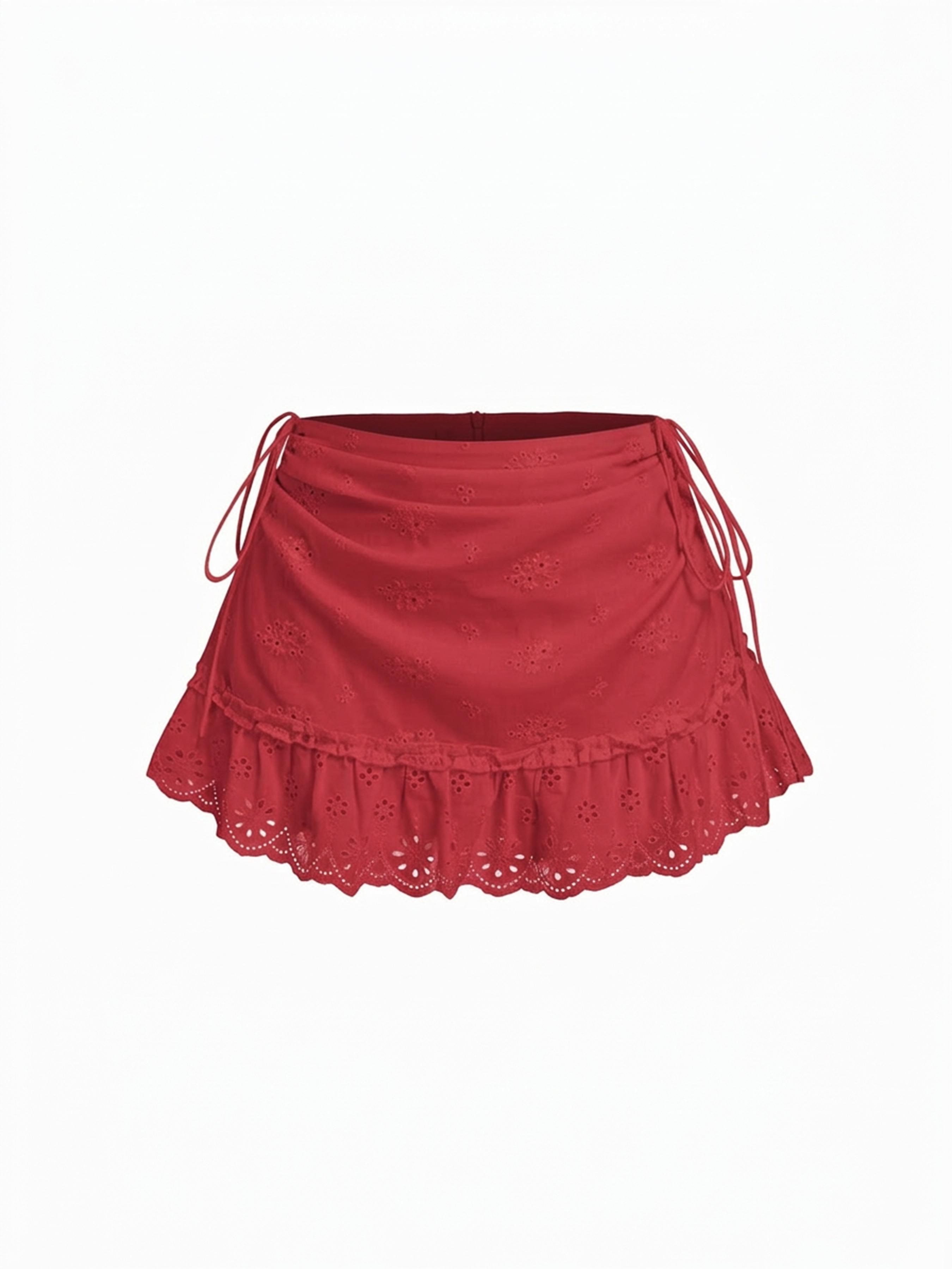Textured Floral Embroidery Ruched Low Rise A-line Mini Skirt by CIDER