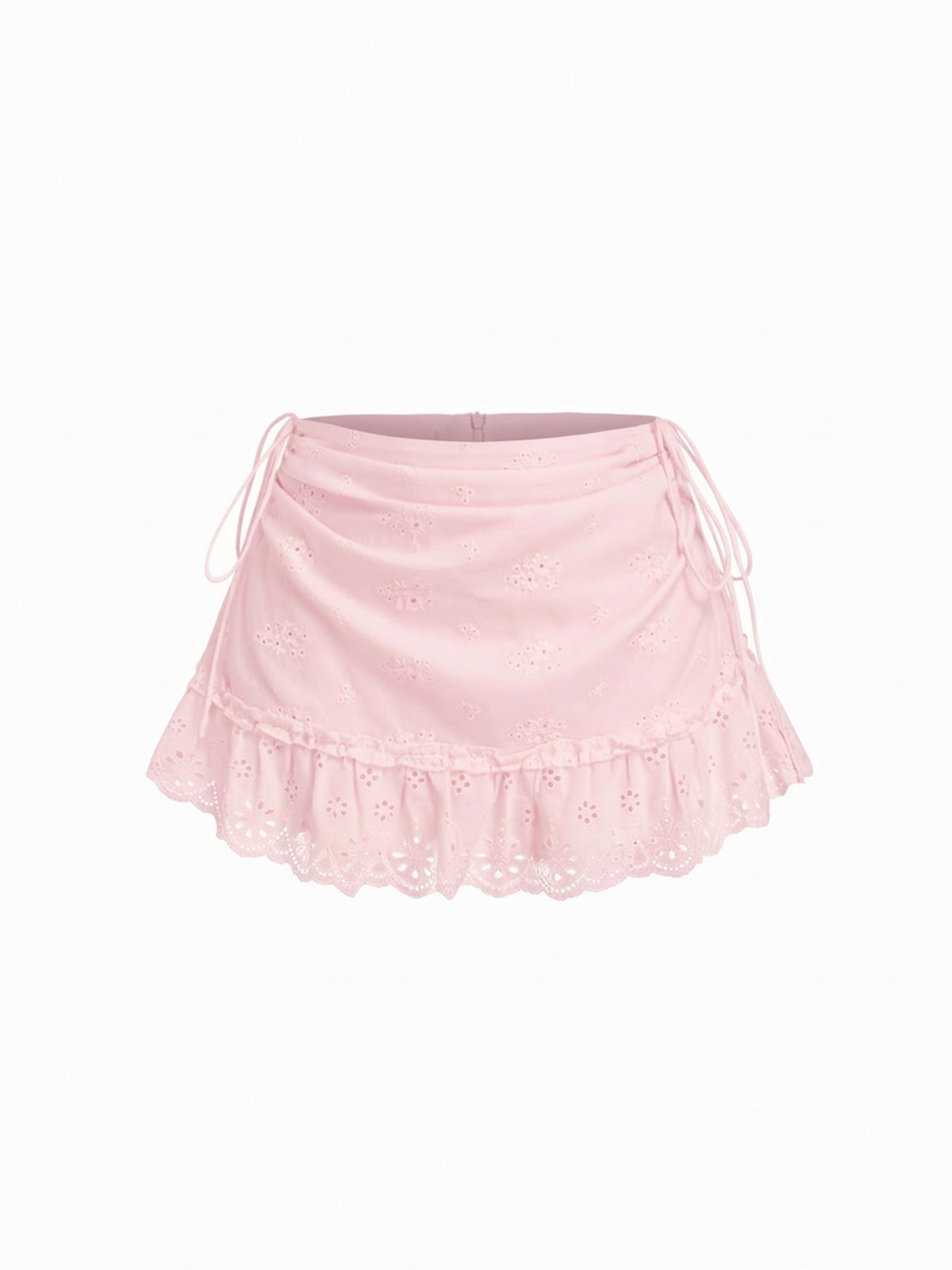 Textured Floral Embroidery Ruched Low Rise A-line Mini Skirt by CIDER