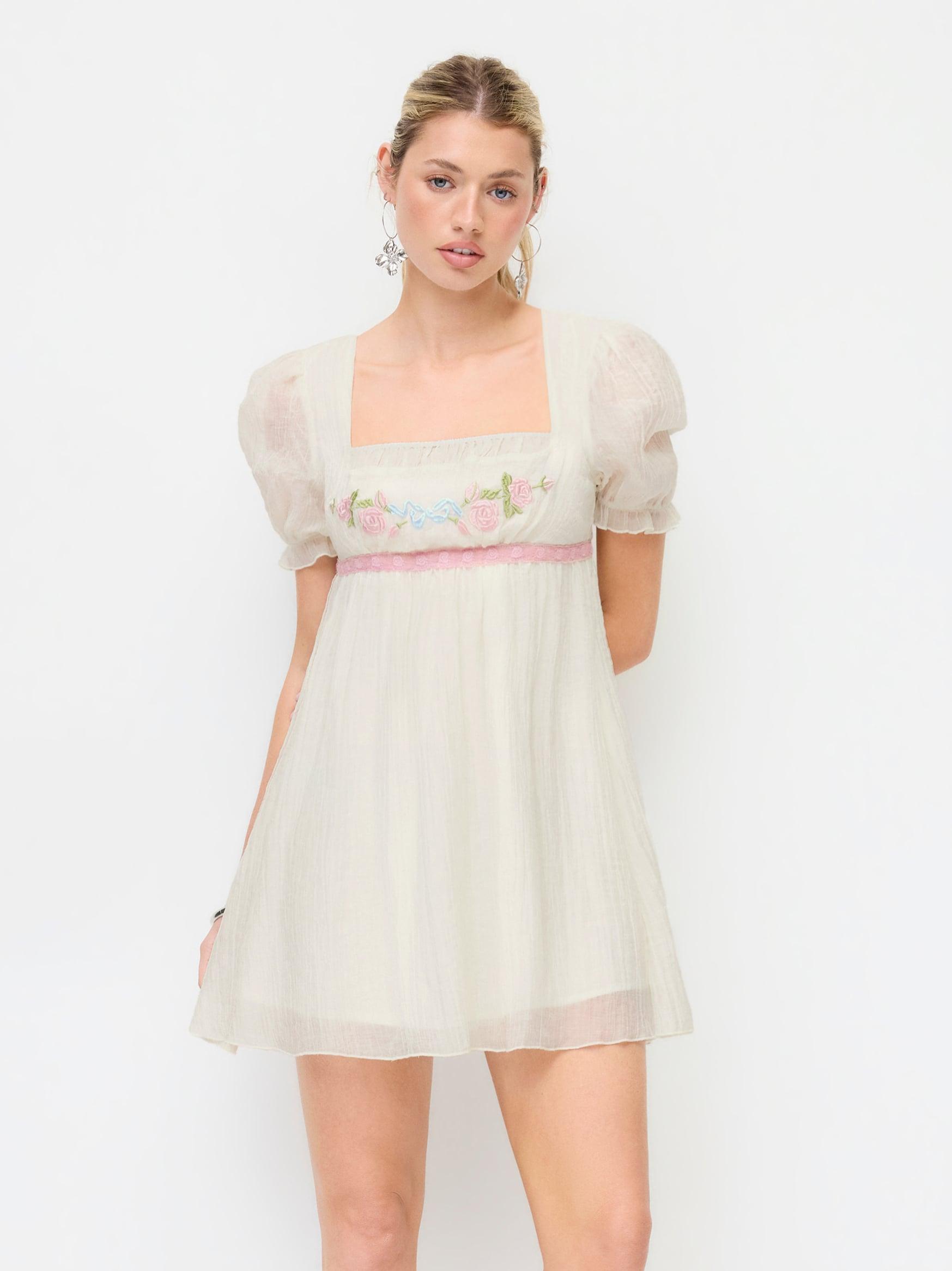 Textured Floral Embroidery Square Neck Puff Sleeve Milkmaid Mini Dress by CIDER
