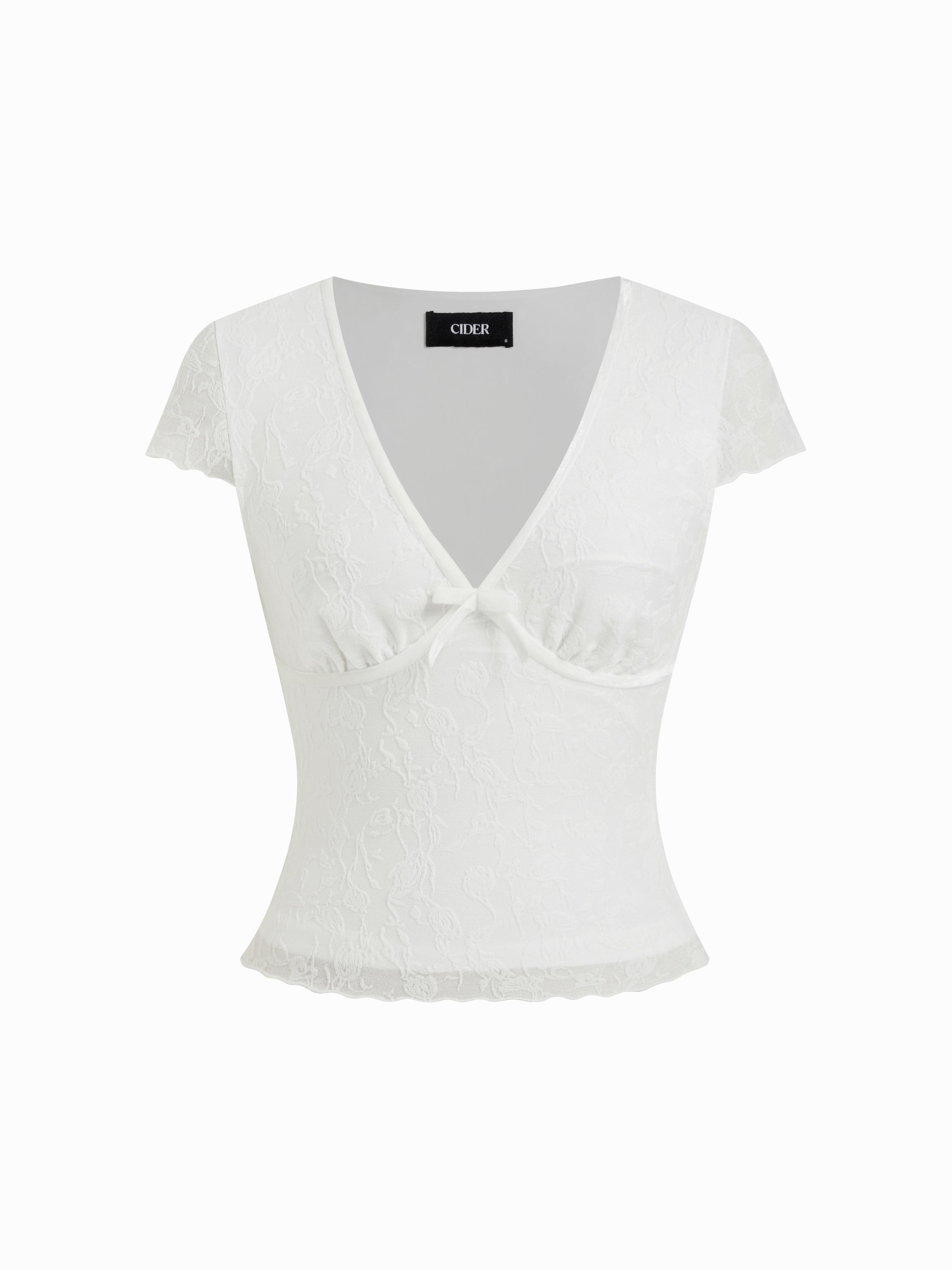 Textured Floral V-neck Lace Panel Crop Top by CIDER