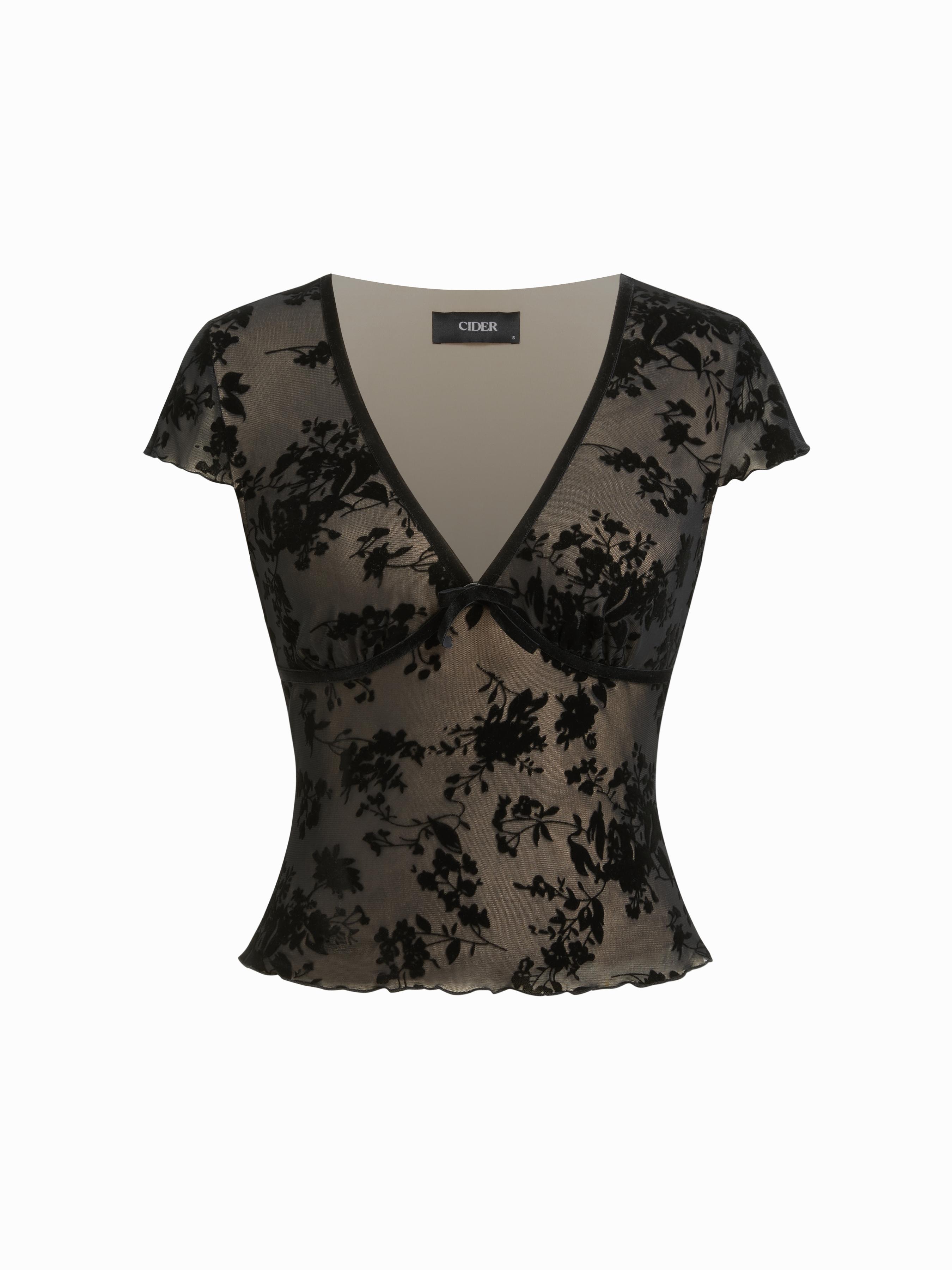 Textured Floral V-neck Lace Panel Crop Top by CIDER