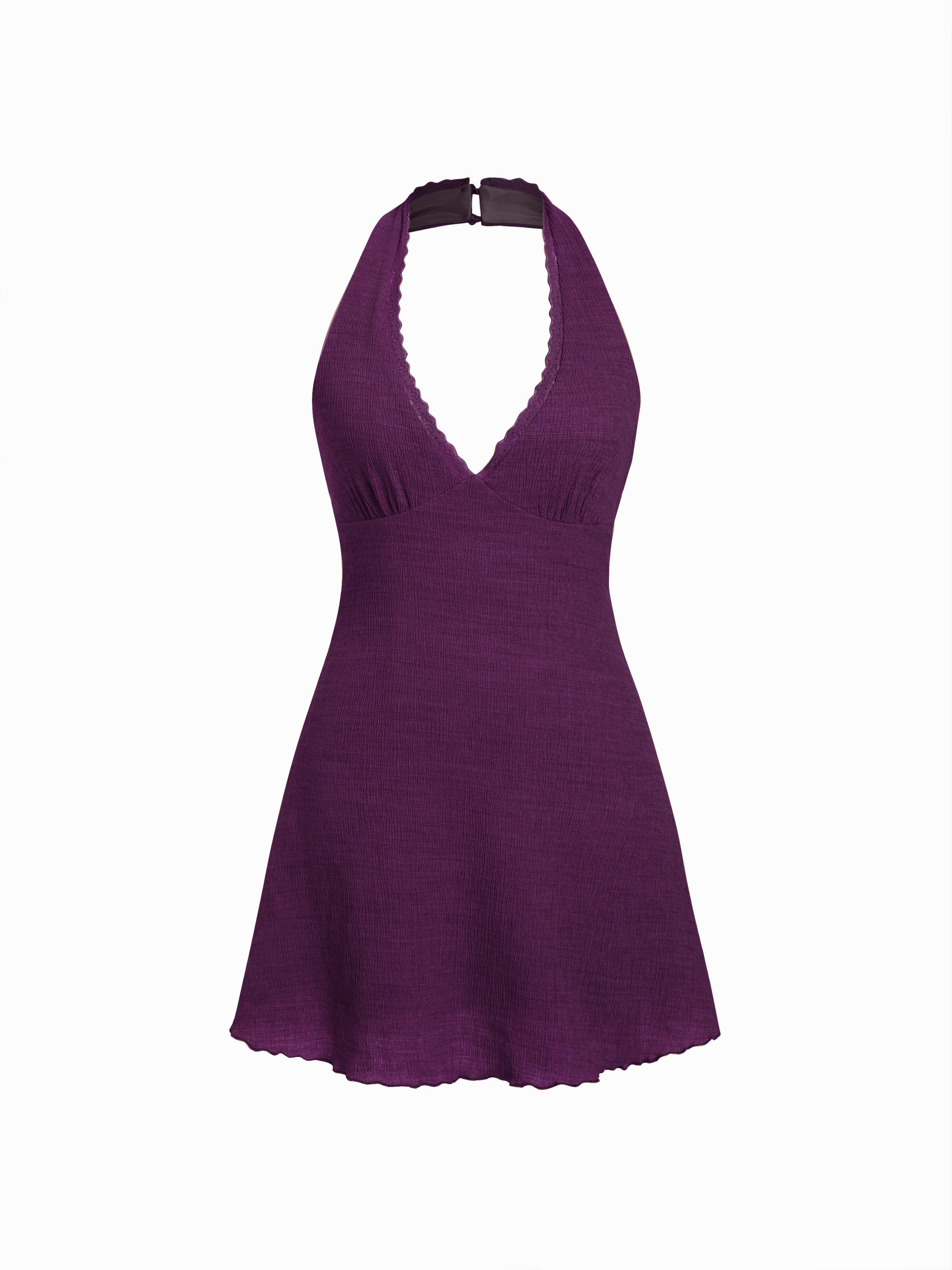 Textured Halter Neck Lace Trim A-line Mini Dress by CIDER