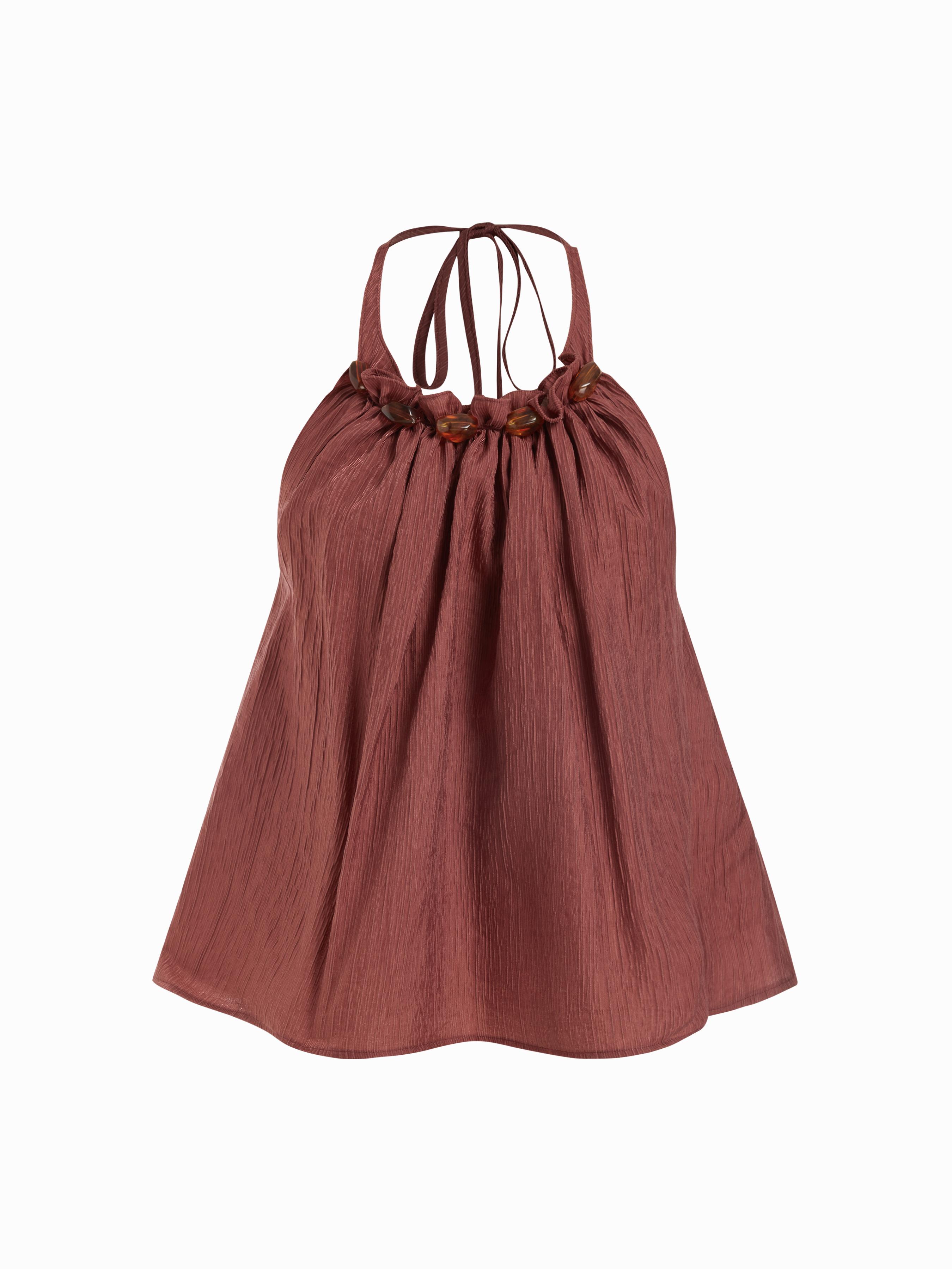 Textured Halter Neckline Ruffled Beaded Oversized Top by CIDER
