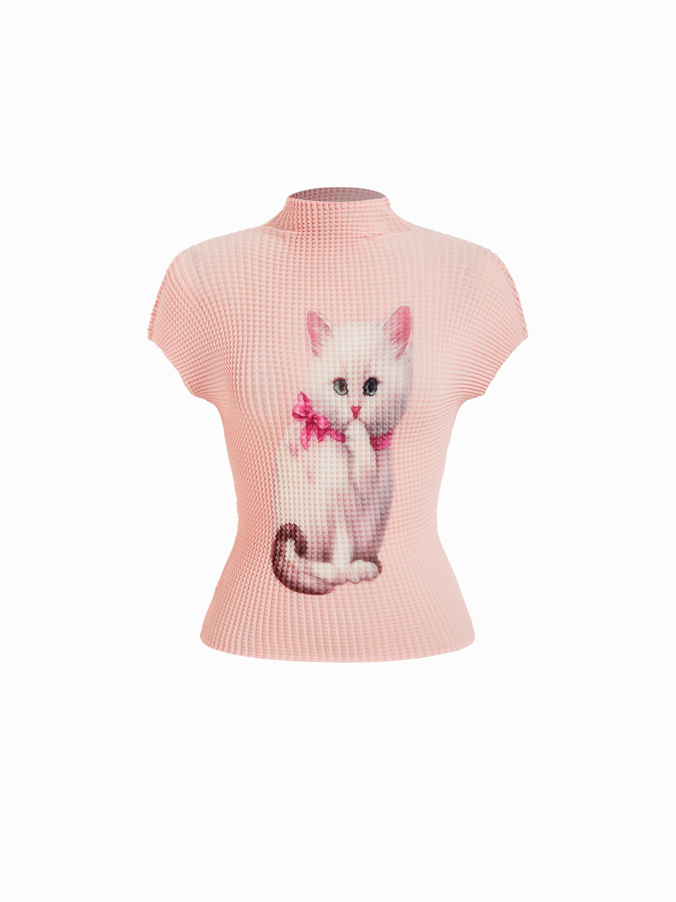 Textured High Neck Cat Graphic Short Sleeve Tee by CIDER