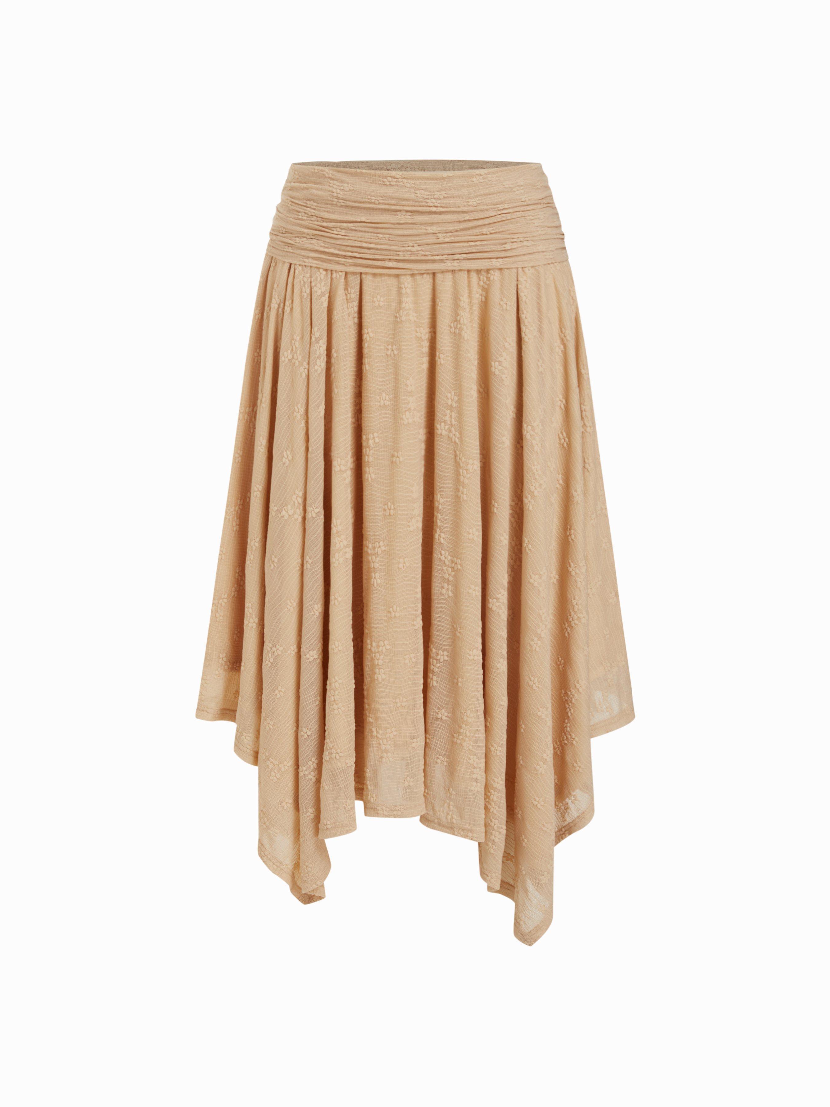 Textured Lace Ruched Mid Rise Asymmetrical Hem Flared Midi Skirt by CIDER