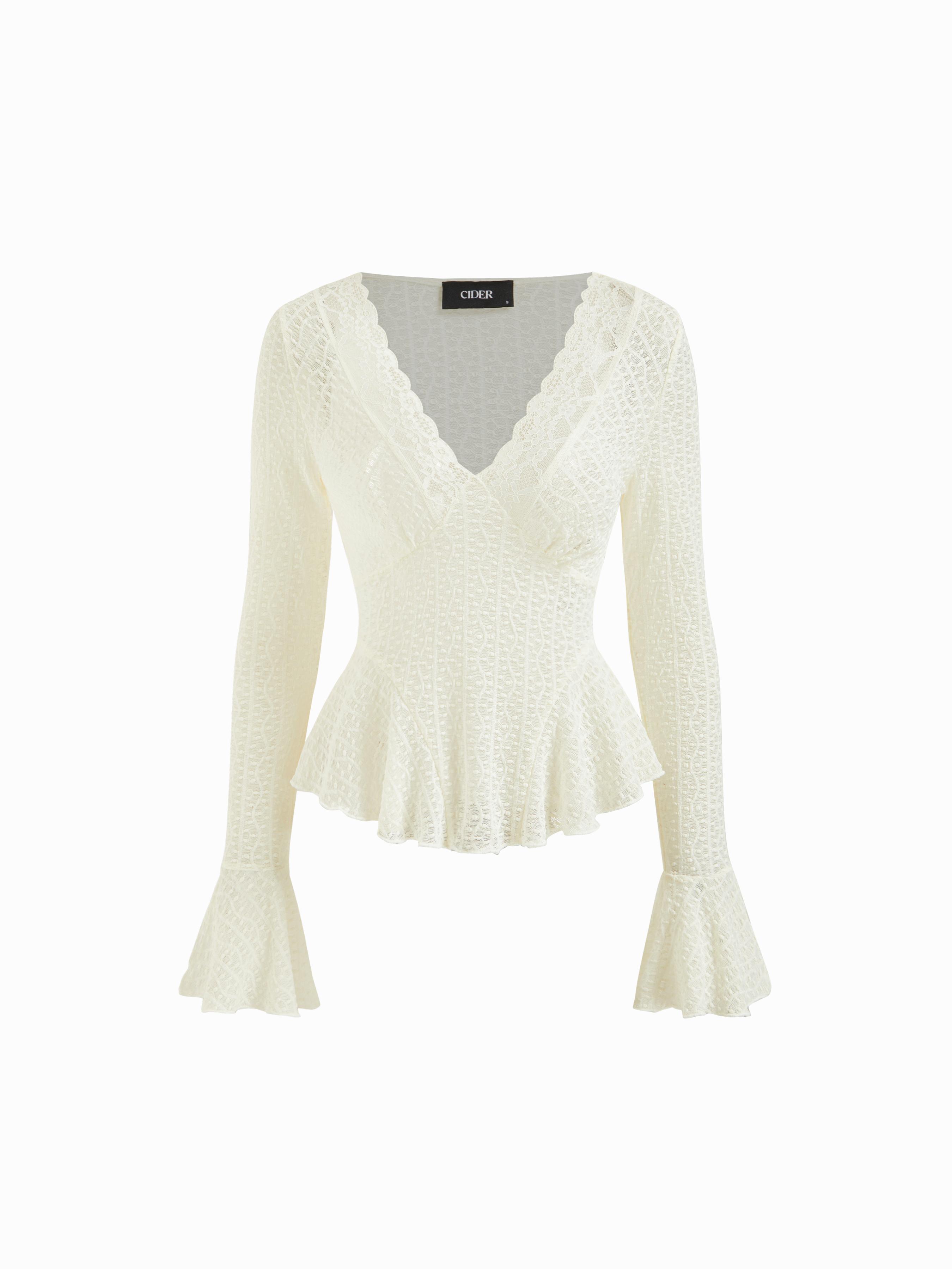 Textured Lace V-Neck Bell Sleeve Ruffled Peplum Top by CIDER