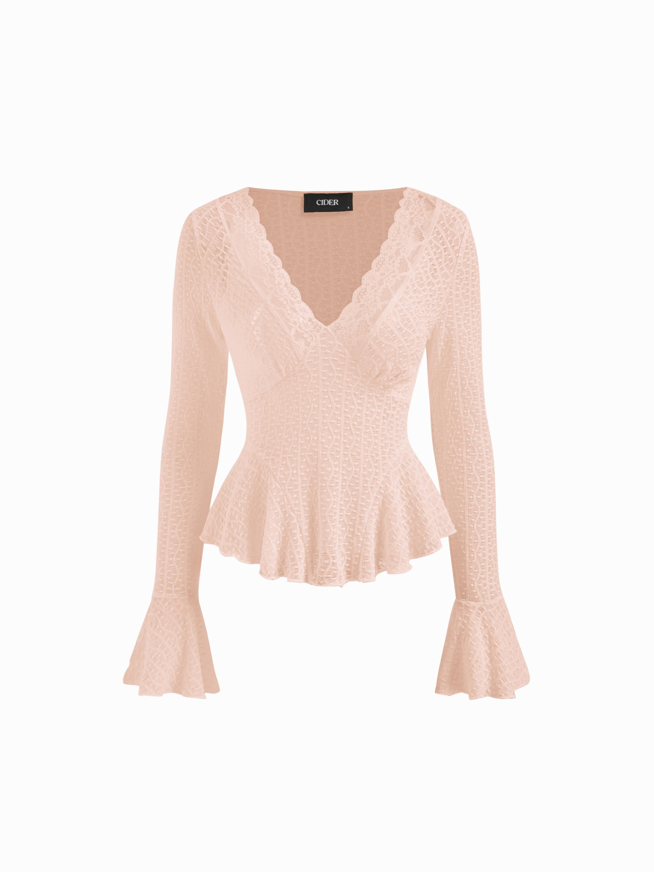 Textured Lace V-Neck Bell Sleeve Ruffled Peplum Top by CIDER