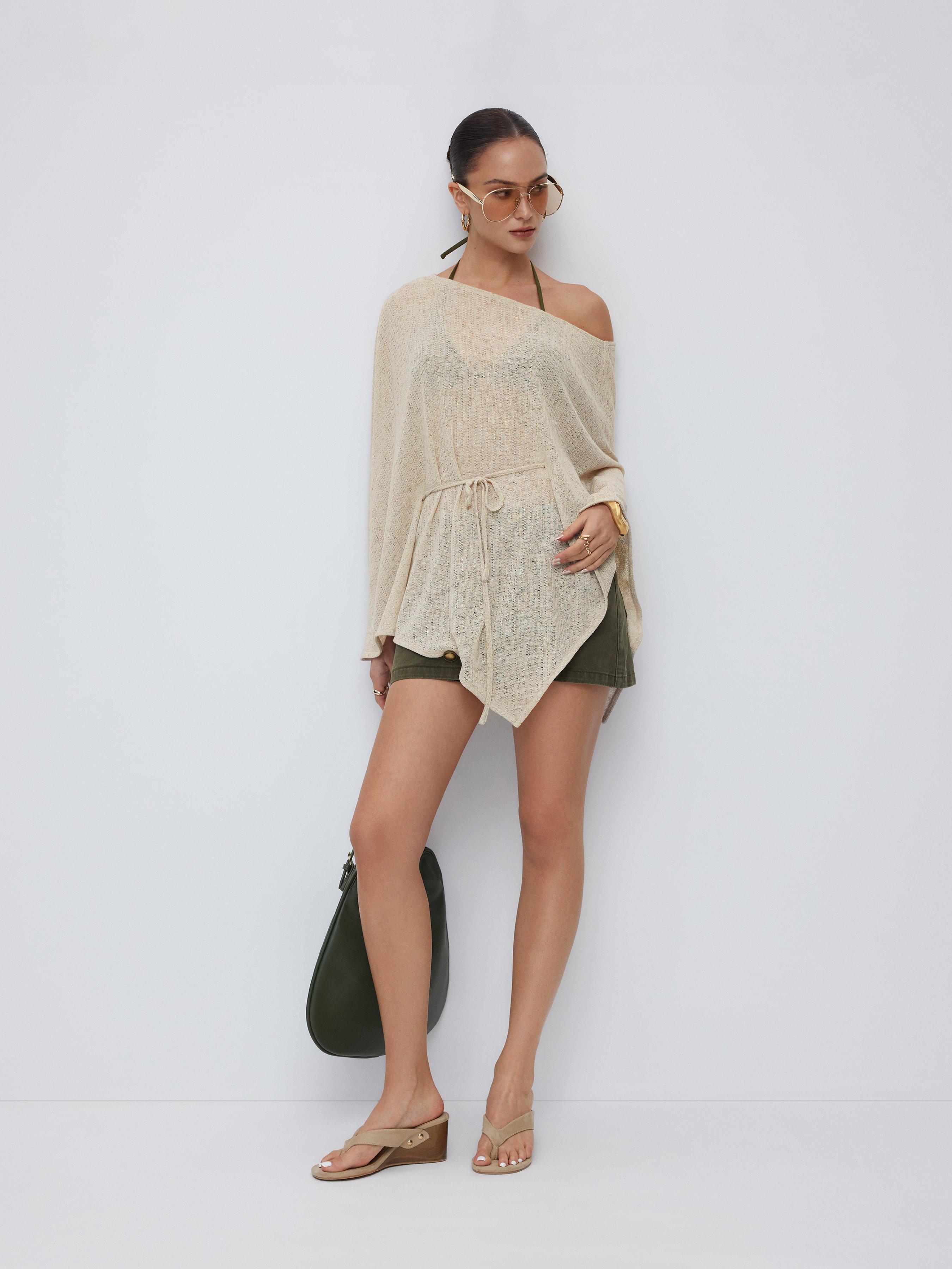 Textured Linen-blend Asymmetrical Neck Cloak Sleeve Top by CIDER