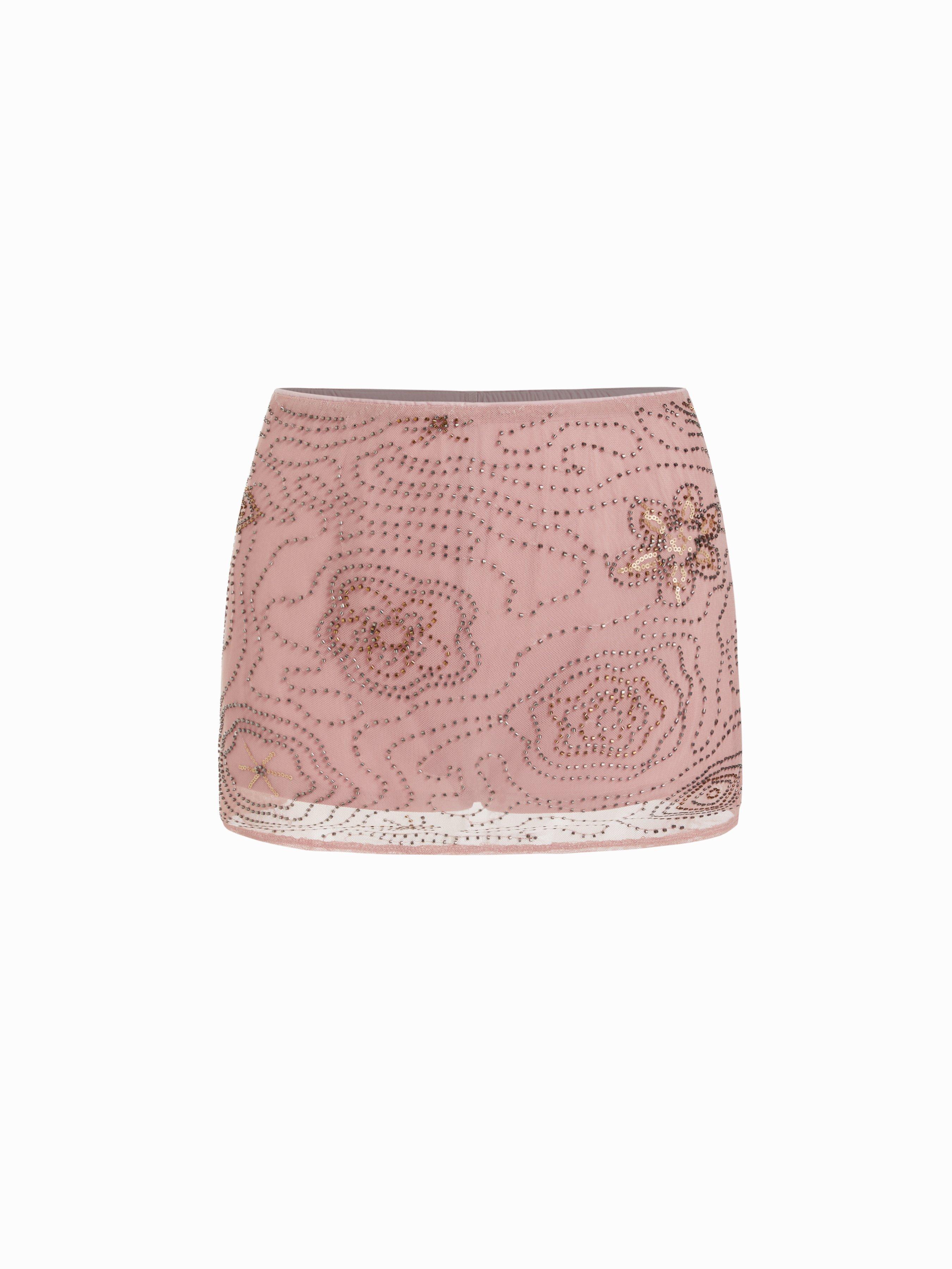 Textured Mesh Mid Rise Floral Beading Sequin Embroidery Mini Skort by CIDER
