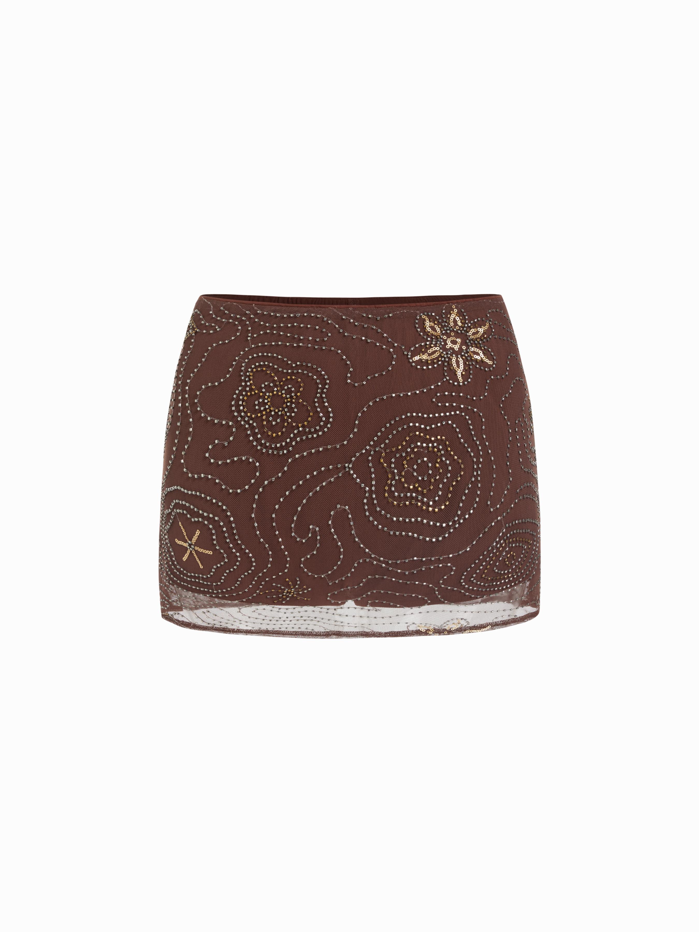 Textured Mesh Mid Rise Floral Beading Sequin Embroidery Mini Skort by CIDER