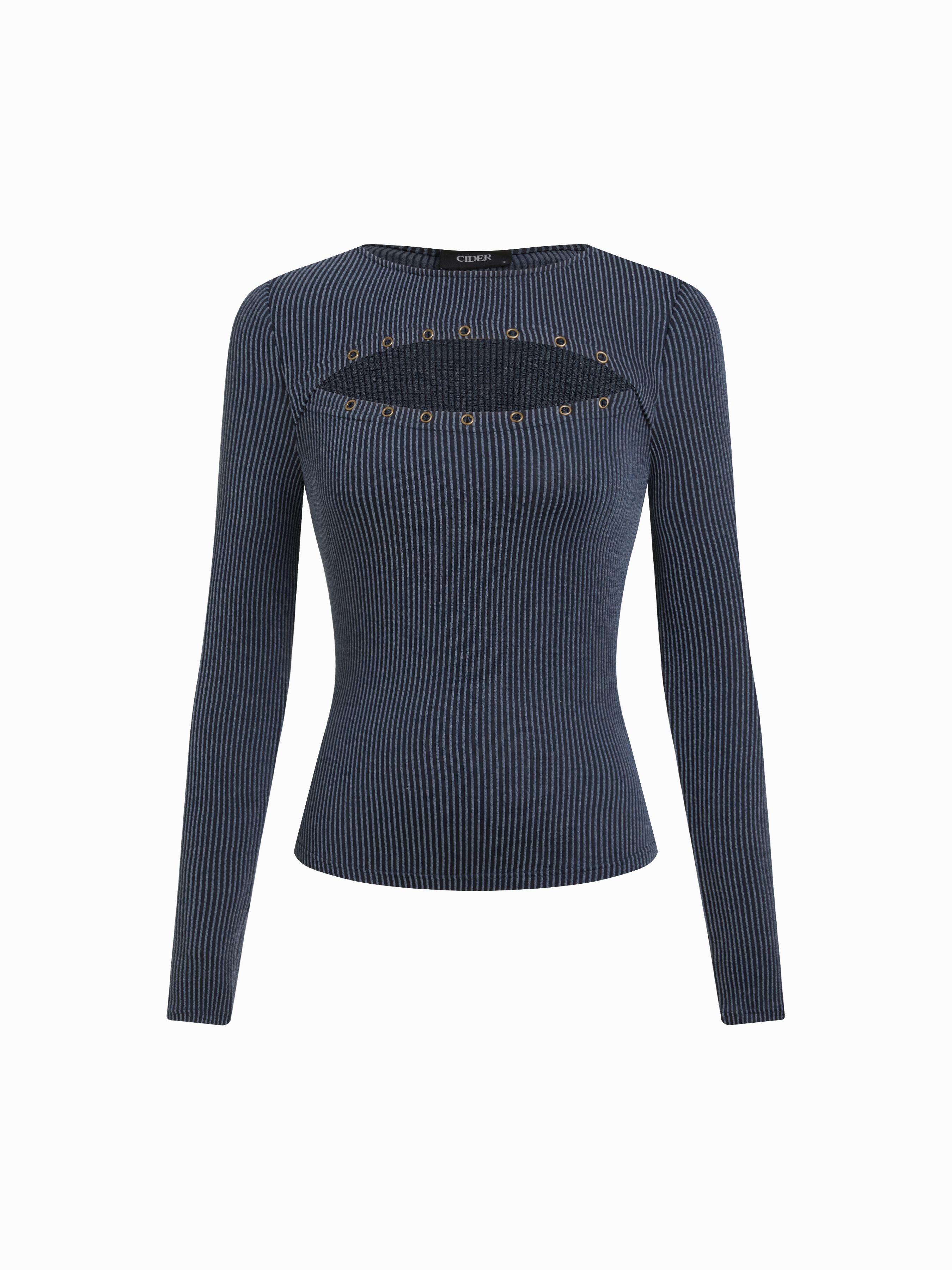 Textured Round Neck Long Sleeve Striped Cut Out Top by CIDER