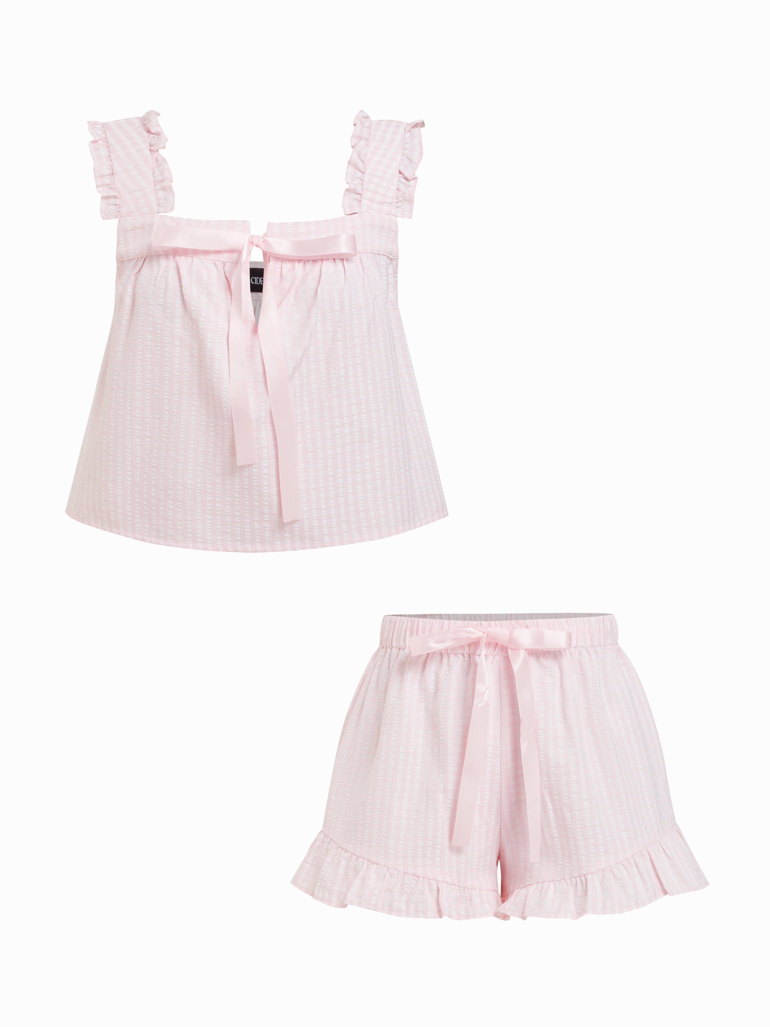 Textured Ruffle Sleeve Stripe Bowknot Top & Mid Rise Micro Shorts Set by CIDER