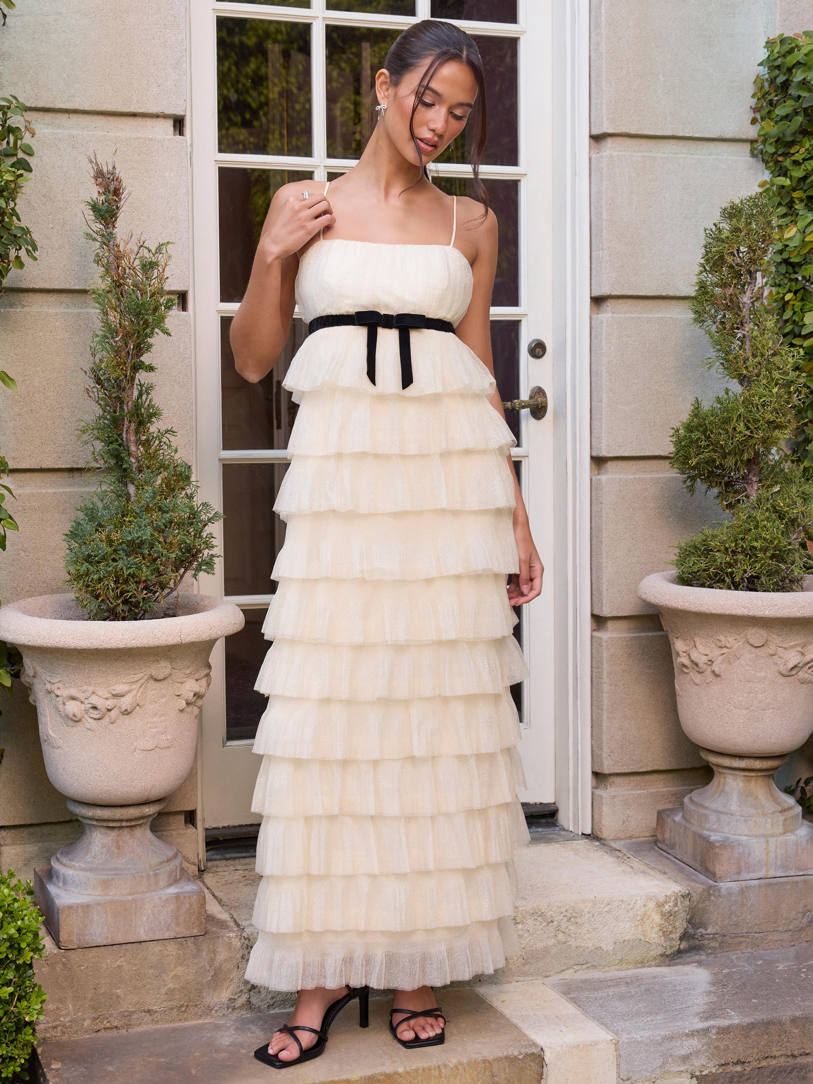 Textured Ruffled Bowknot Layered Flared Maxi Dress by CIDER