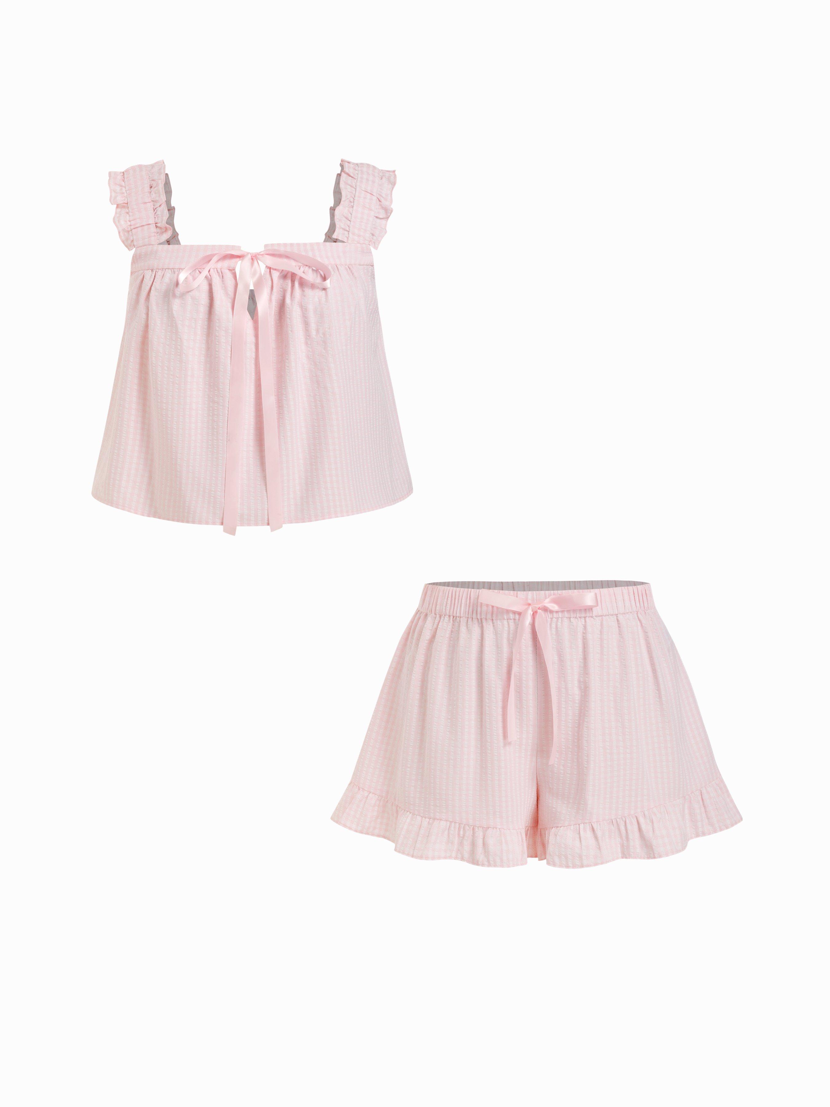 Textured Ruffled Stripe Bowknot Top & Mid Rise Micro Shorts Set Curve & Plus by CIDER