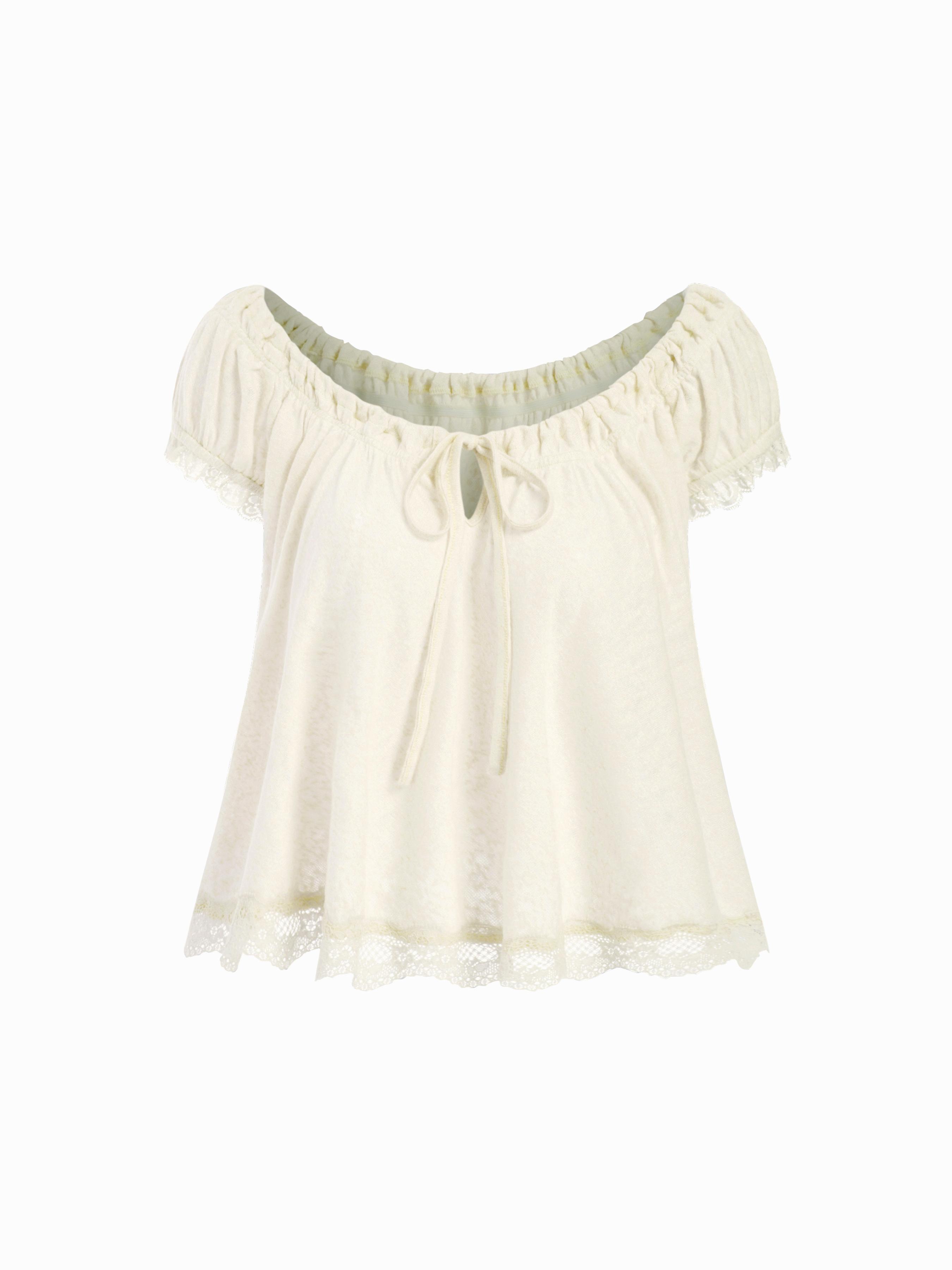 Textured Scoop Neck Drawstring Lace Trim Oversized Top by CIDER