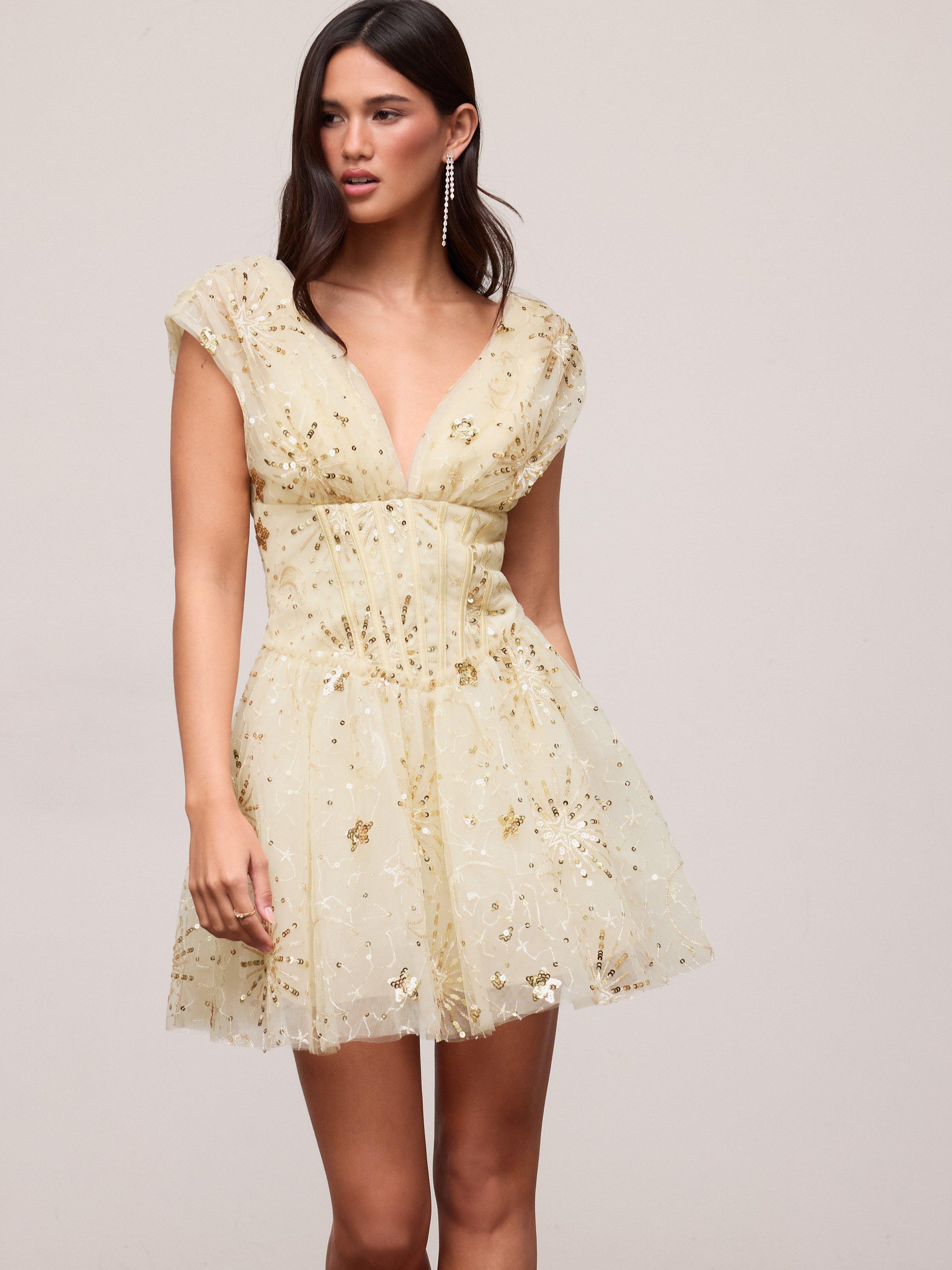 Textured Sequins V-neck Embroidery Lace Up Mini ALINE Dress by CIDER