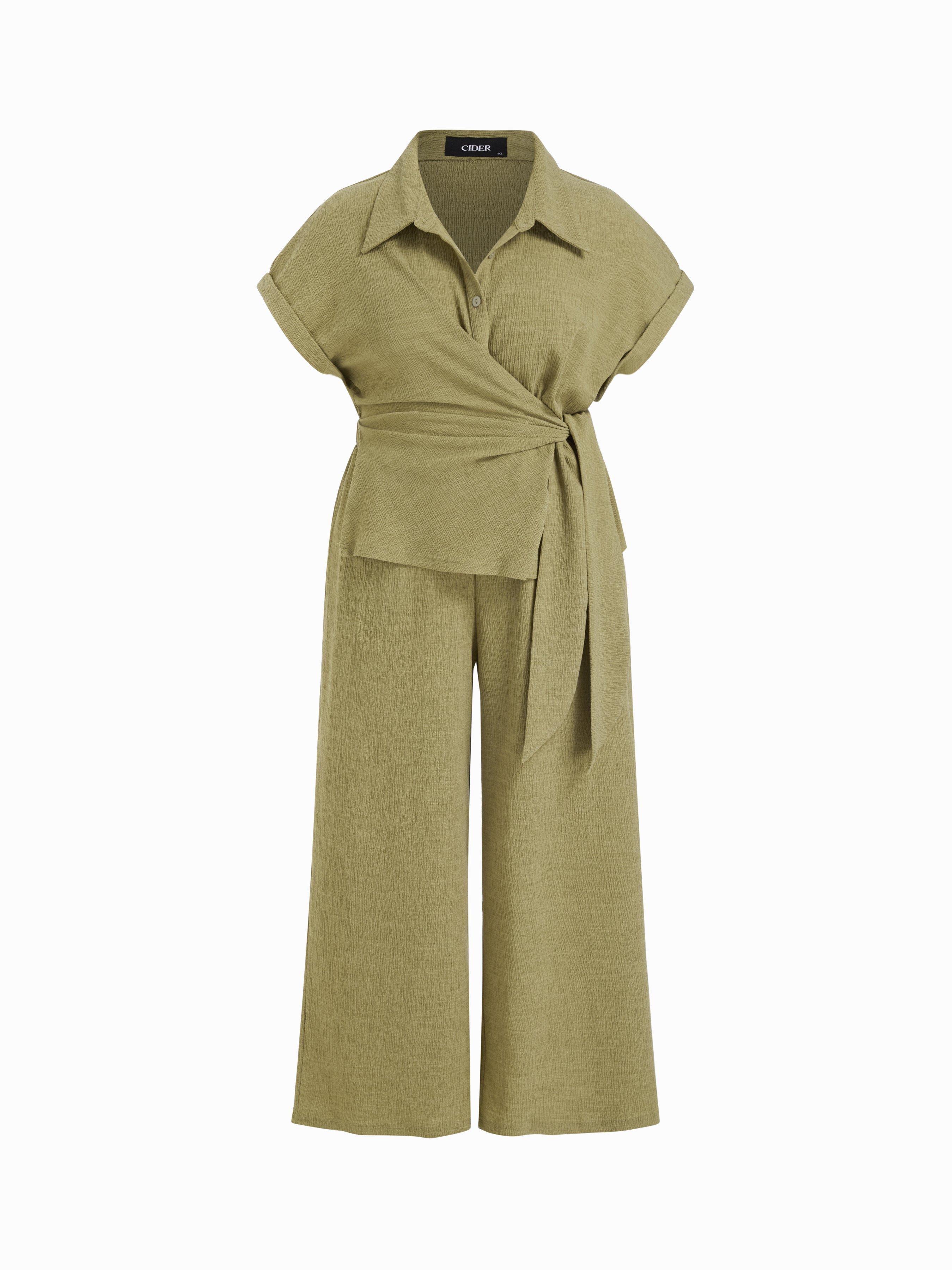 Textured Short Sleeve Draped Wide Leg Jumpsuit Curve & Plus by CIDER