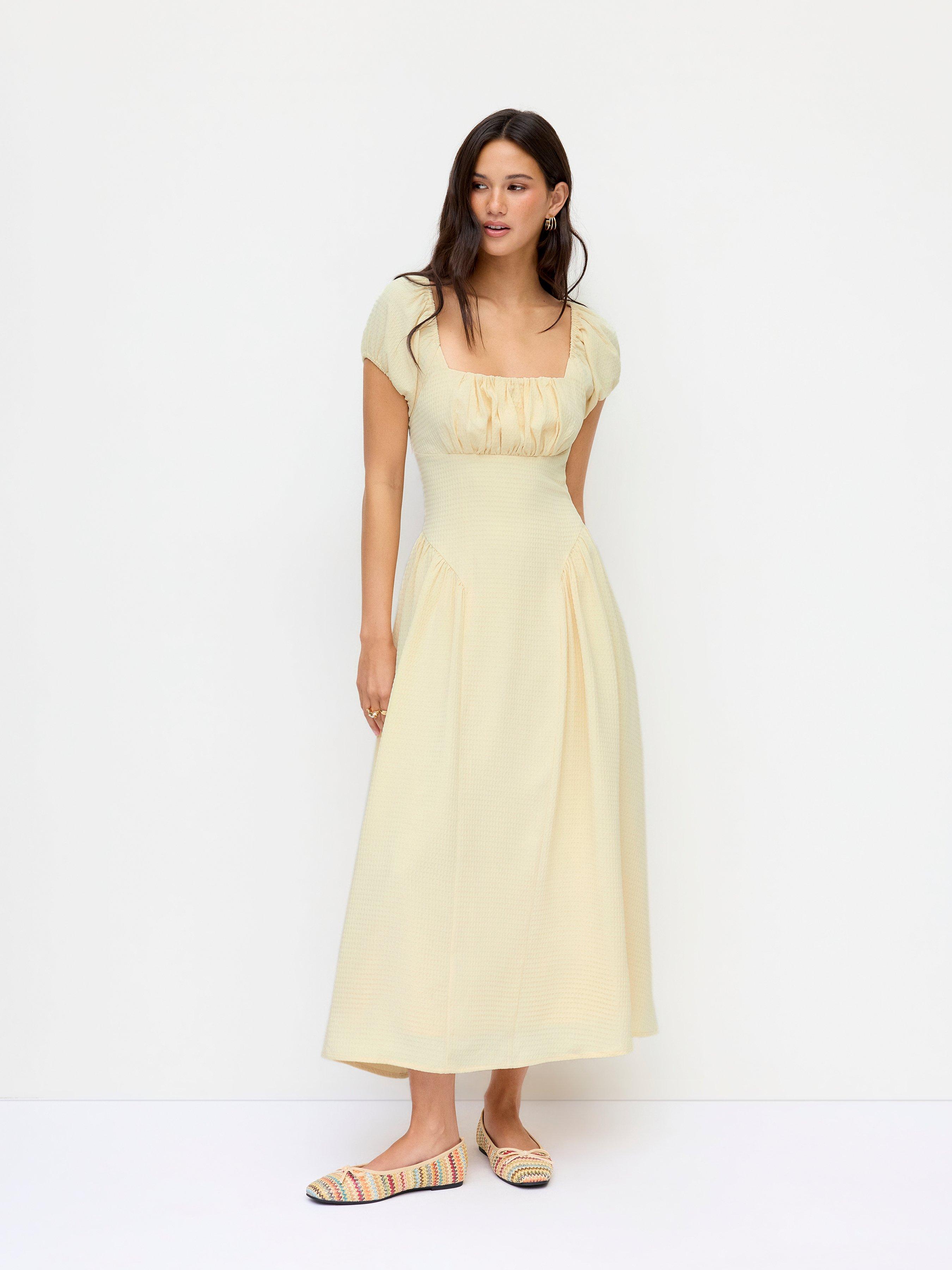 Textured Square Neck Puff Sleeve Ruched Flared Maxi Dress by CIDER