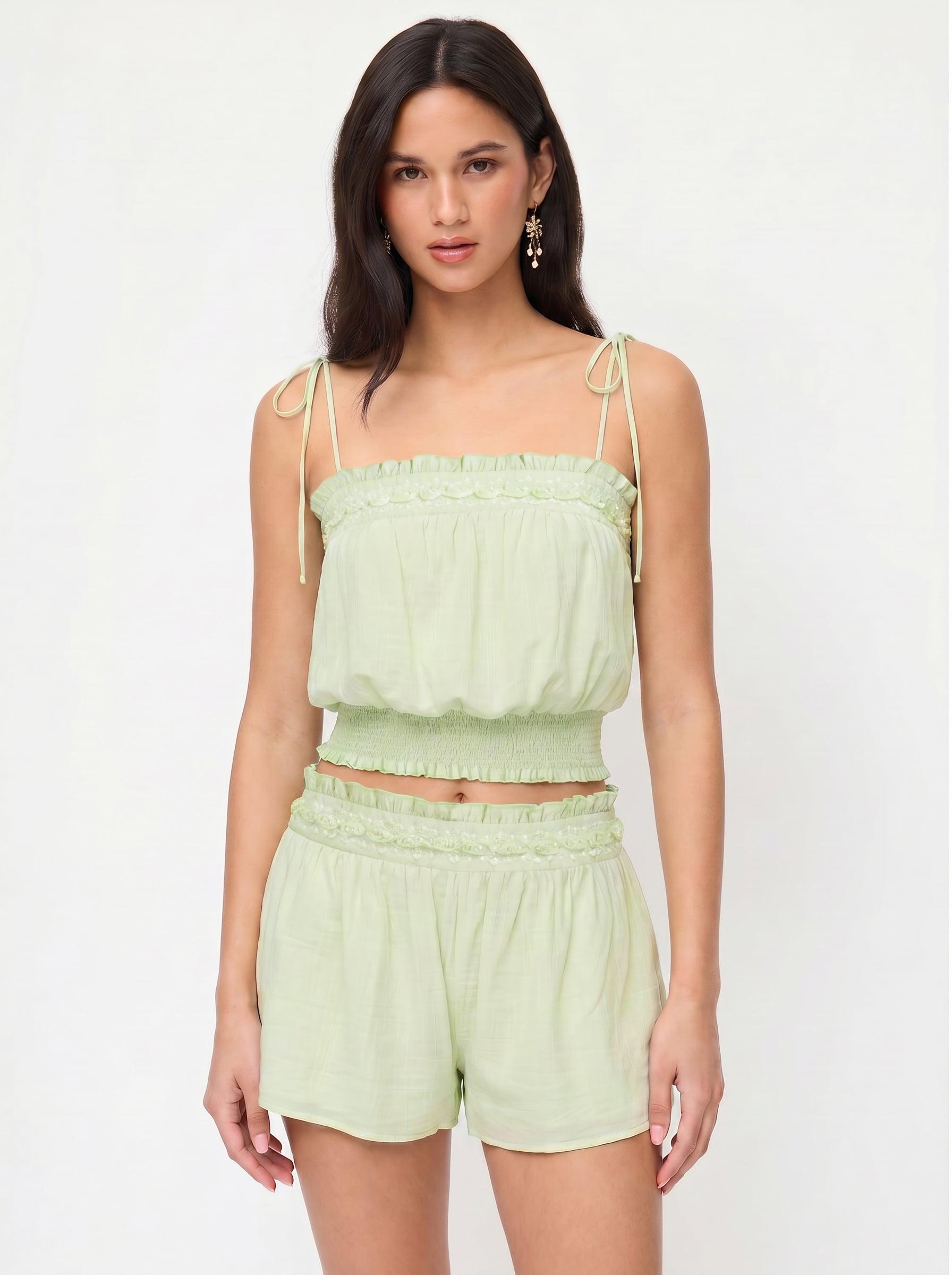 Textured Square Neckline Applique Shirred Ruffle Cami Blouse by CIDER