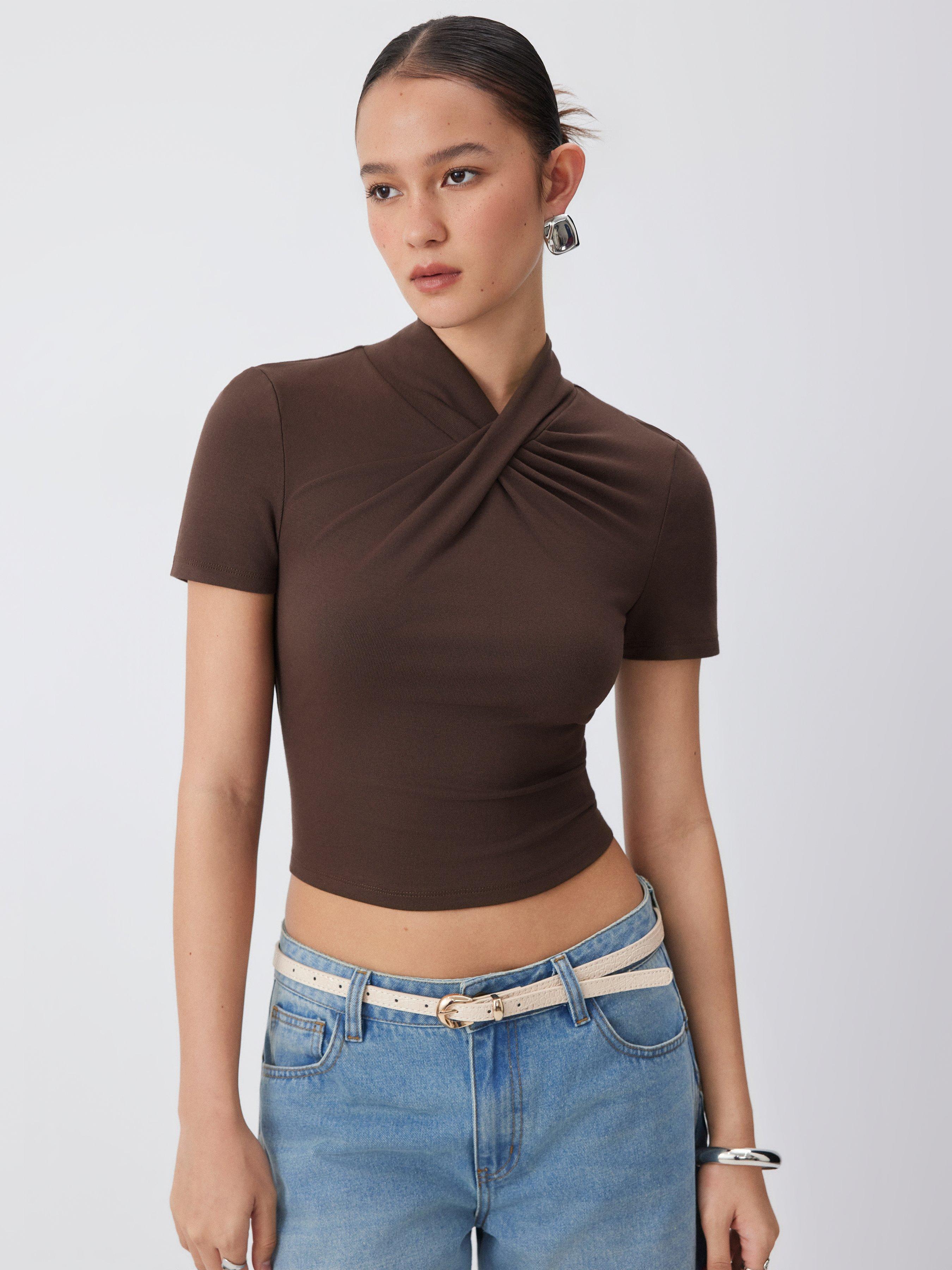 Textured Stand Collar Short Sleeve Twist Front Tee by CIDER