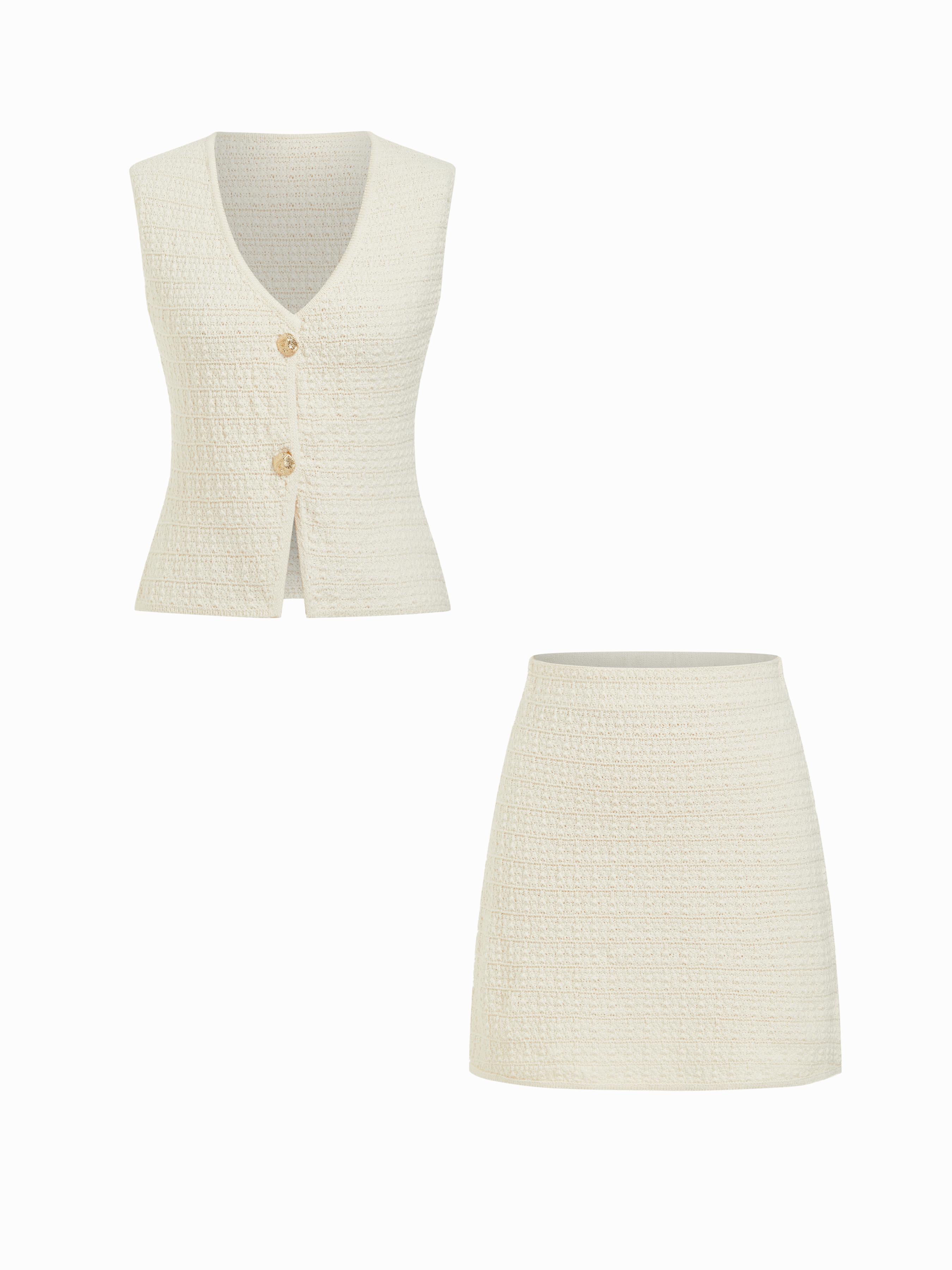 Textured V-Neck Button Front Vest & Mid Rise A-line Mini Skirt Set by CIDER