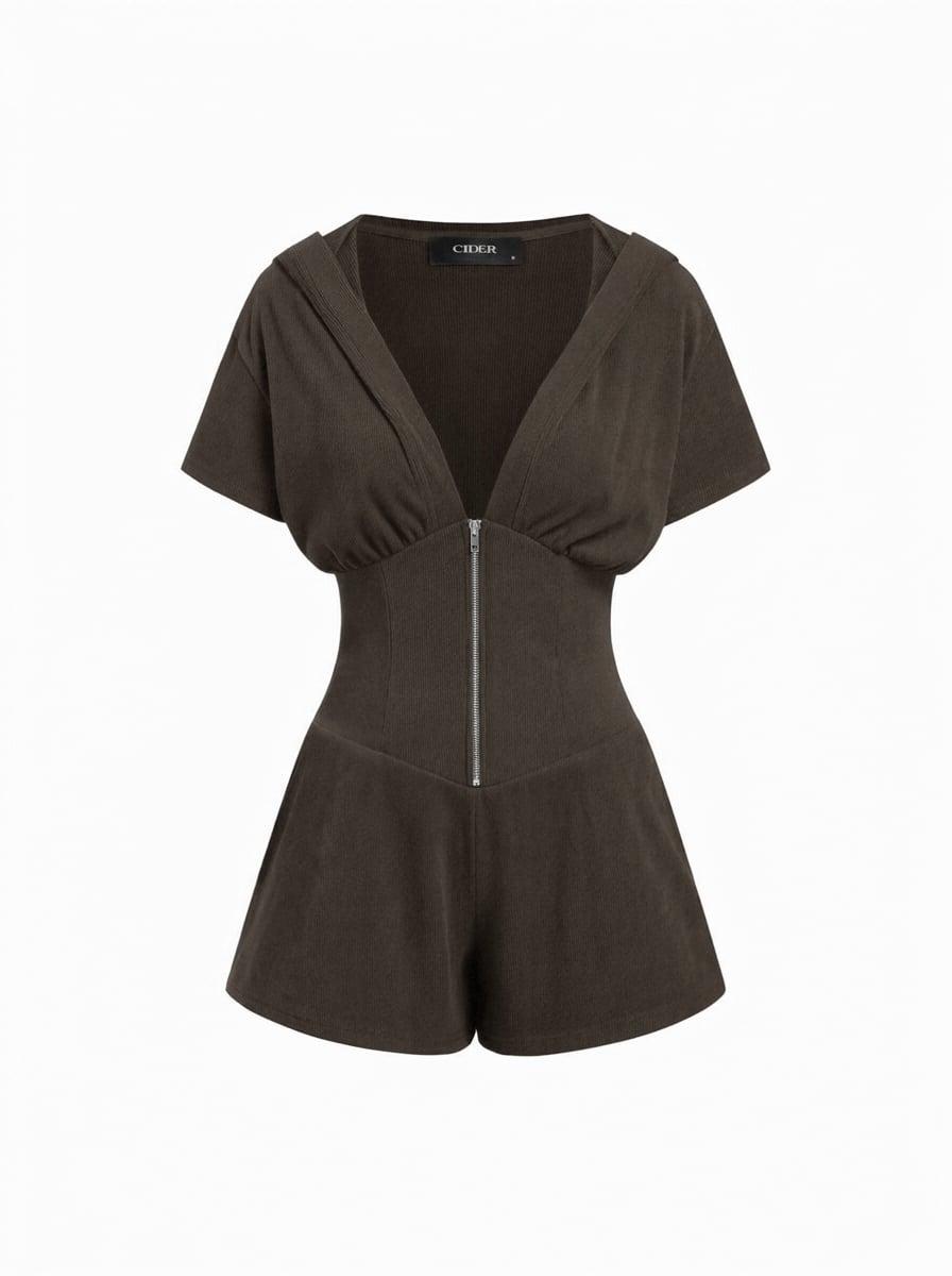 Textured V-neck Ruched Front Romper by CIDER