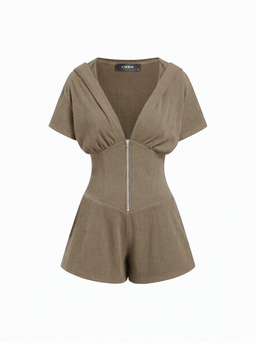 Textured V-neck Ruched Front Romper by CIDER