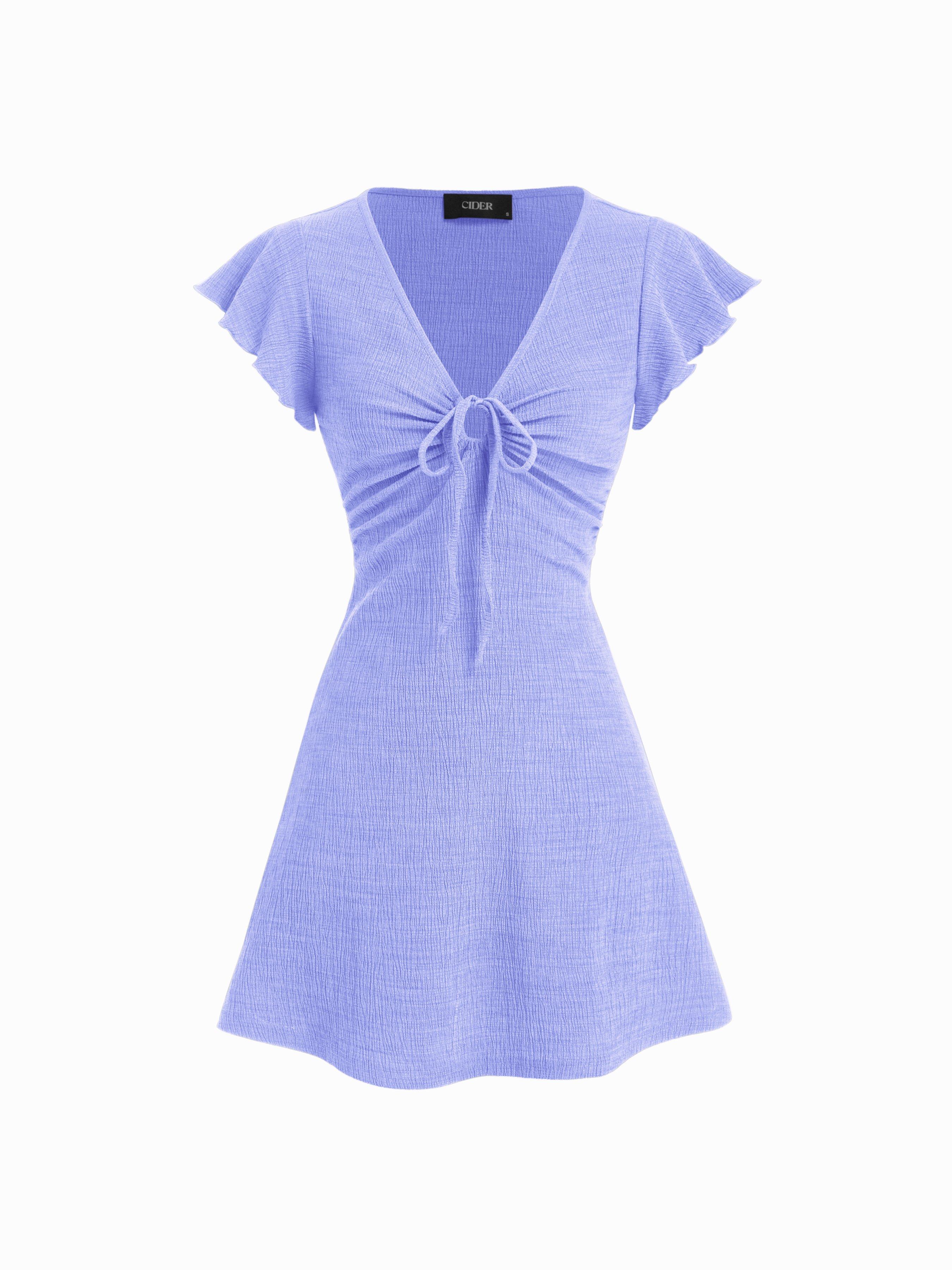 Textured V-neck Ruffle Sleeve Knotted Ruched A-line Mini Dress by CIDER